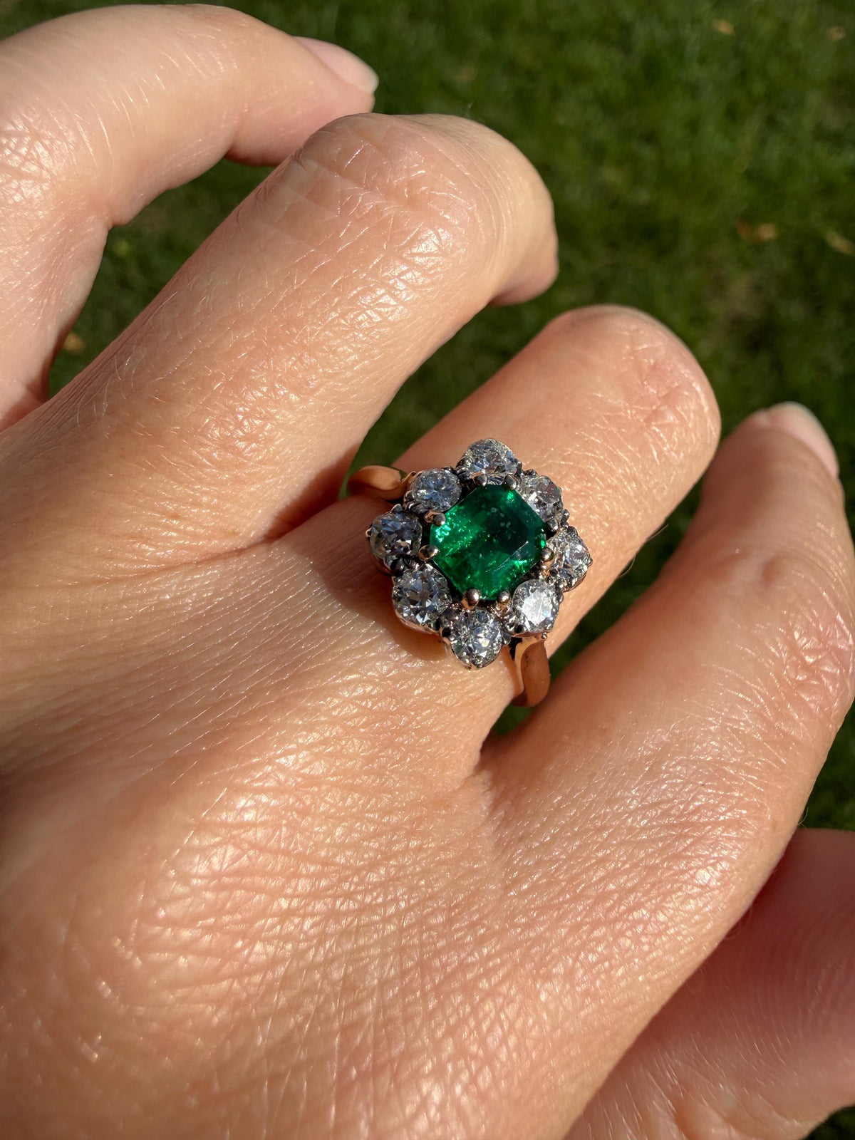 Antique Emerald .75 Carat Old Mine Cut Diamond Halo Ring 18k Gold Silver French Art Deco Green Cluster
