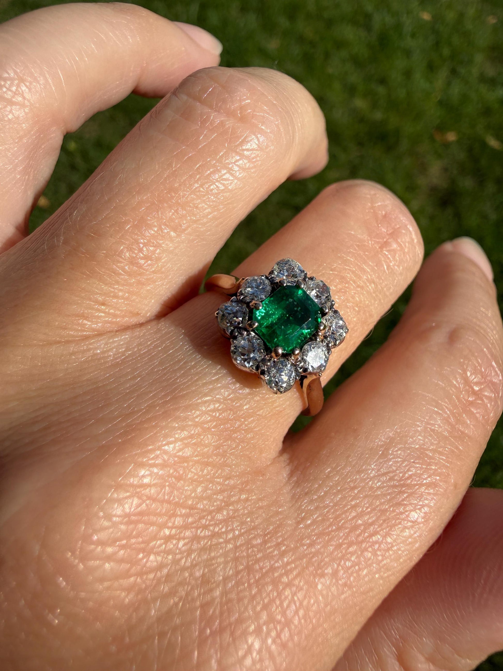 Antique Emerald .75 Carat Old Mine Cut Diamond Halo Ring 18k Gold Silver French Art Deco Green Cluster