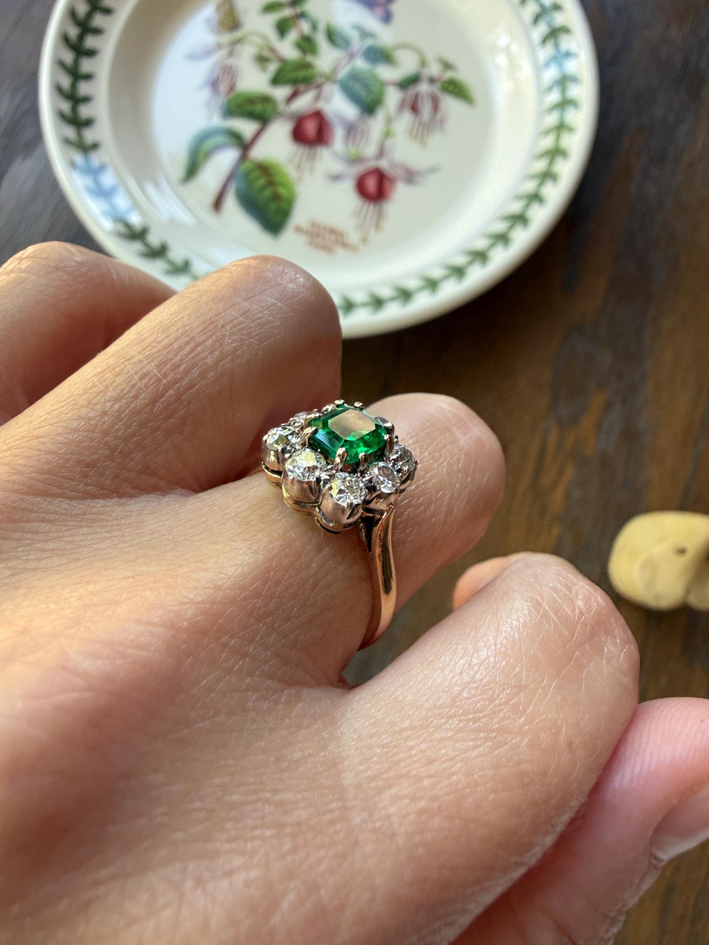 Antique Emerald .75 Carat Old Mine Cut Diamond Halo Ring 18k Gold Silver French Art Deco Green Cluster