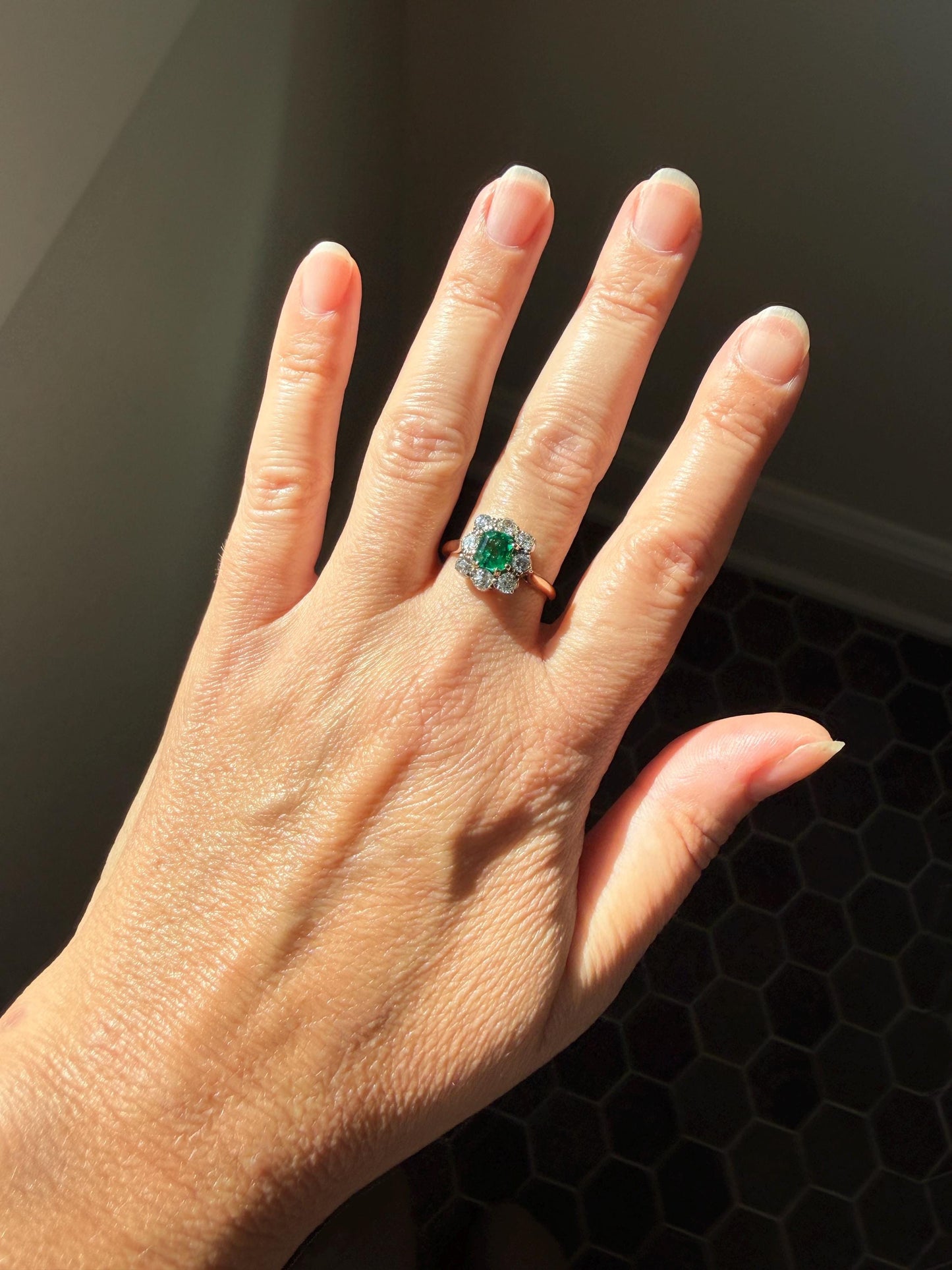Antique Emerald .75 Carat Old Mine Cut Diamond Halo Ring 18k Gold Silver French Art Deco Green Cluster
