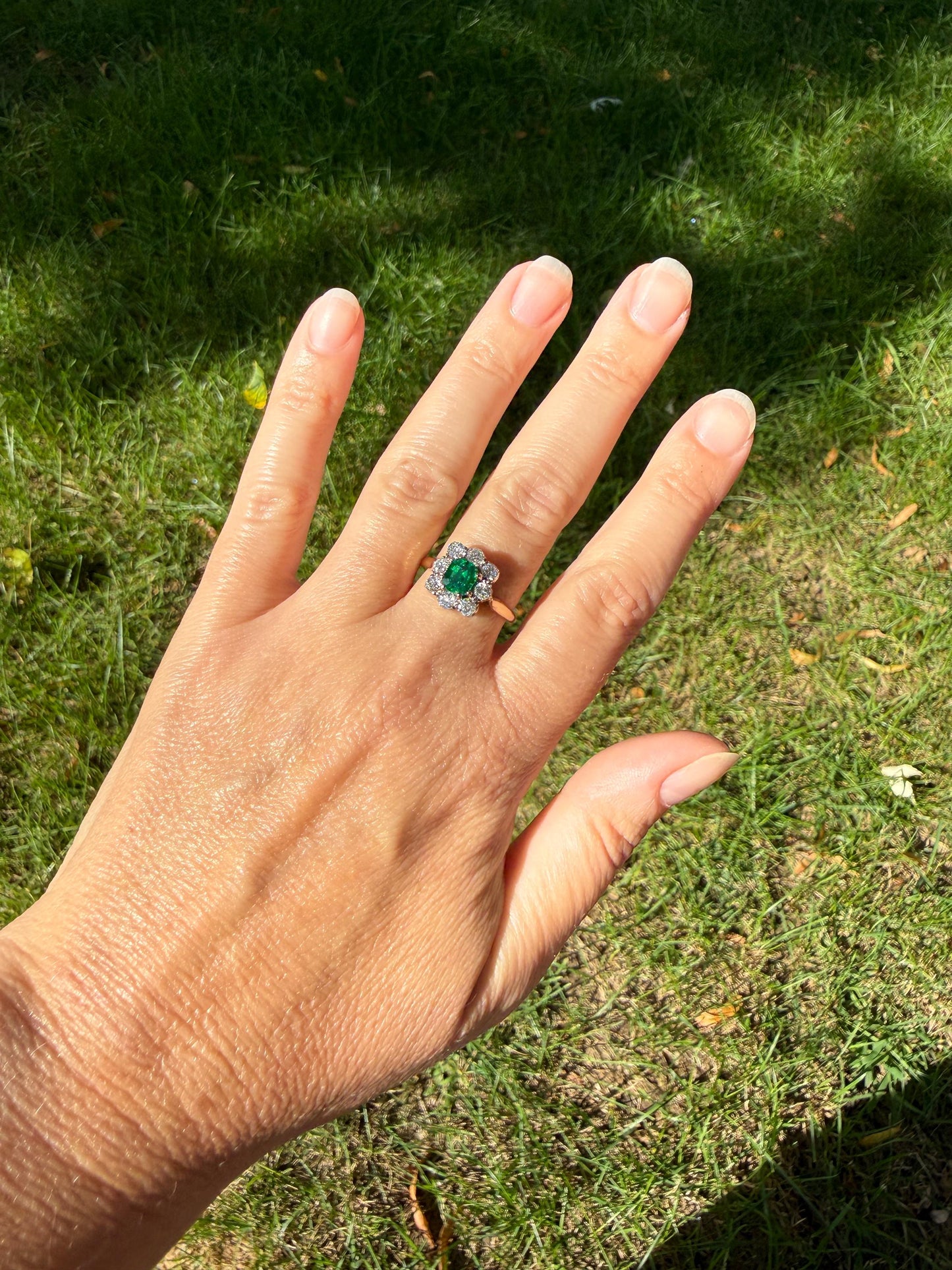 Antique Emerald .75 Carat Old Mine Cut Diamond Halo Ring 18k Gold Silver French Art Deco Green Cluster