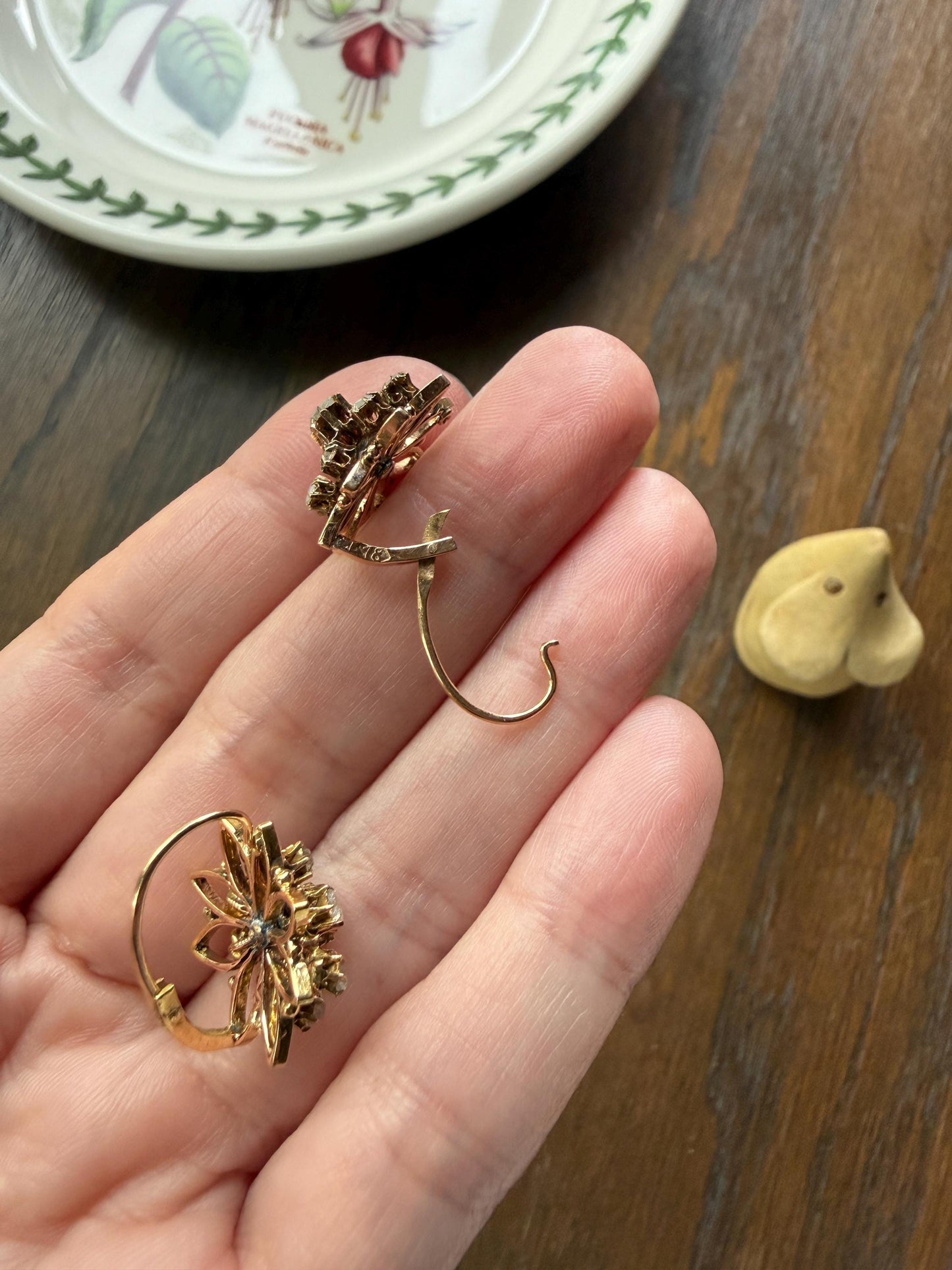 STAR Floral Antique Iberian Earrings Georgian Era 18k Gold Figural Rose Cut Diamond Starburst 3D Traditional Spanish Regional