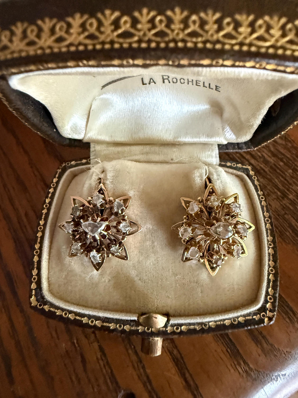 STAR Floral Antique Iberian Earrings Georgian Era 18k Gold Figural Rose Cut Diamond Starburst 3D Traditional Spanish Regional