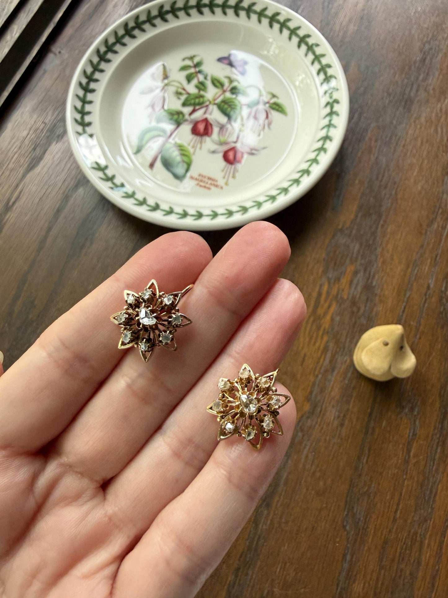 STAR Floral Antique Iberian Earrings Georgian Era 18k Gold Figural Rose Cut Diamond Starburst 3D Traditional Spanish Regional