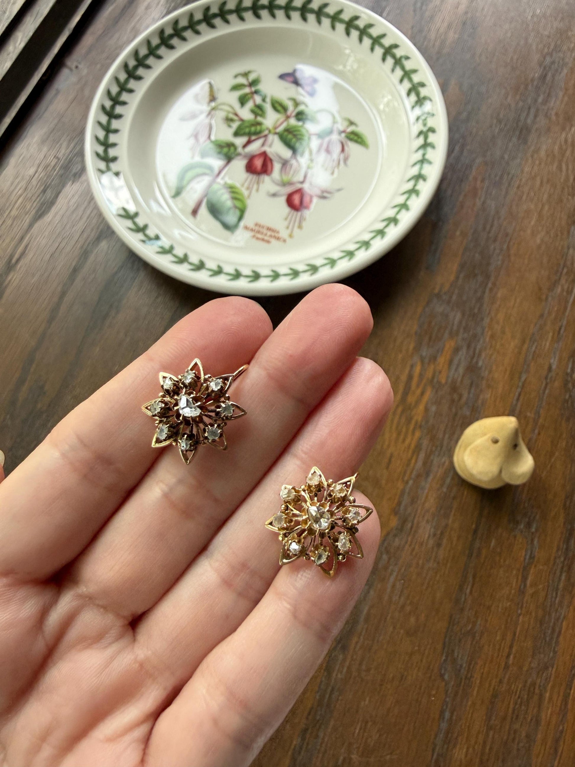 STAR Floral Antique Iberian Earrings Georgian Era 18k Gold Figural Rose Cut Diamond Starburst 3D Traditional Spanish Regional