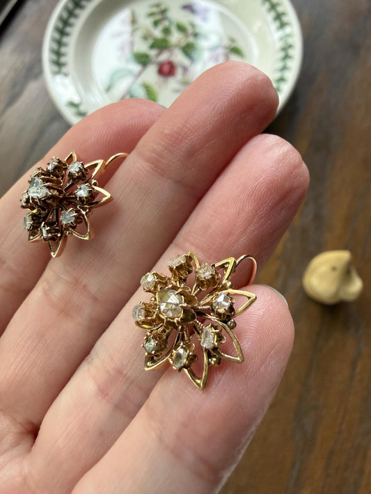 STAR Floral Antique Iberian Earrings Georgian Era 18k Gold Figural Rose Cut Diamond Starburst 3D Traditional Spanish Regional