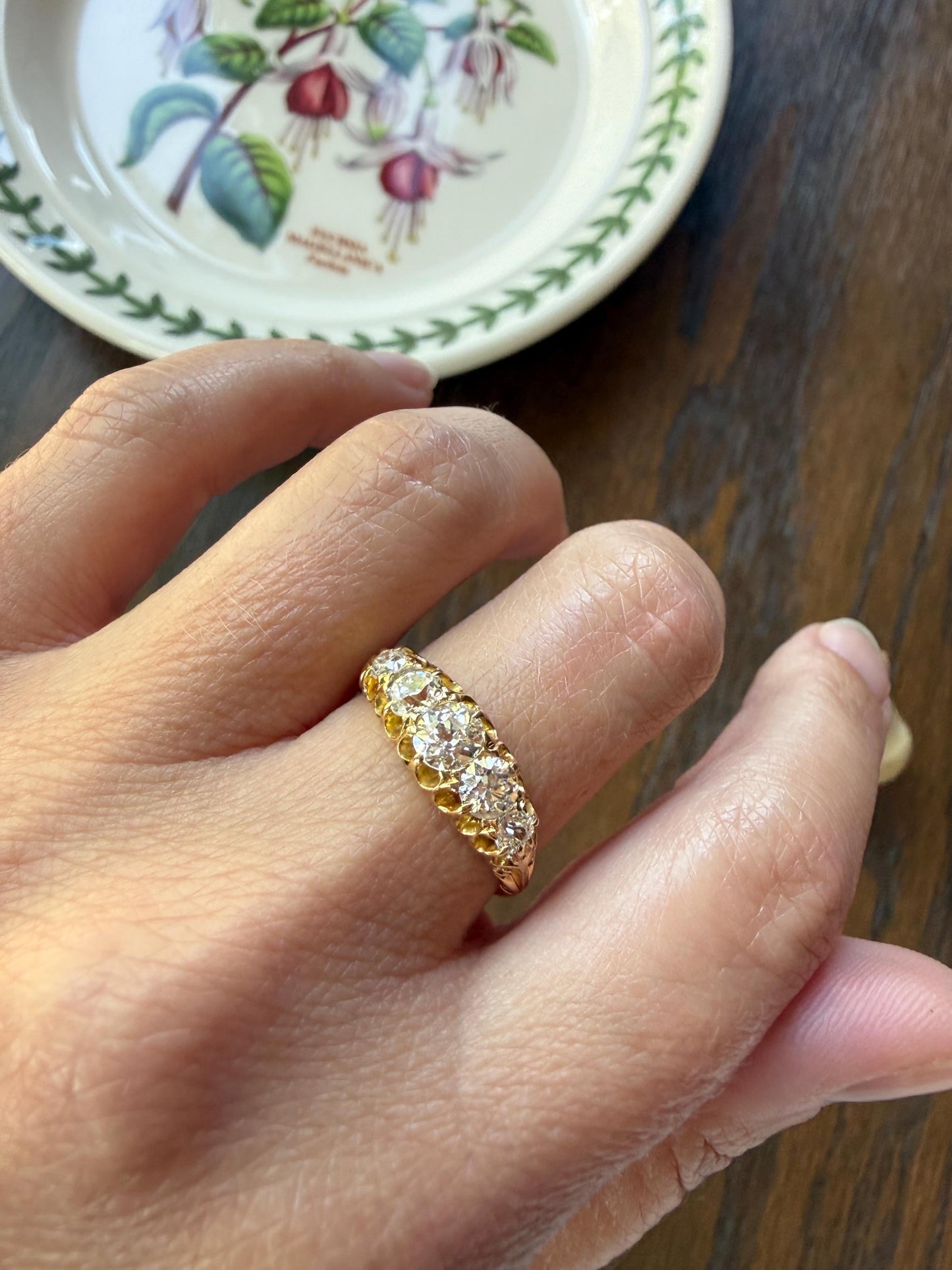 Victorian c1894 Antique 1.2 Carat Old Mine Cut Diamond Five Stone Ring 18k Gold Eye Clean Daily Wearer Band Scrolled Ornate