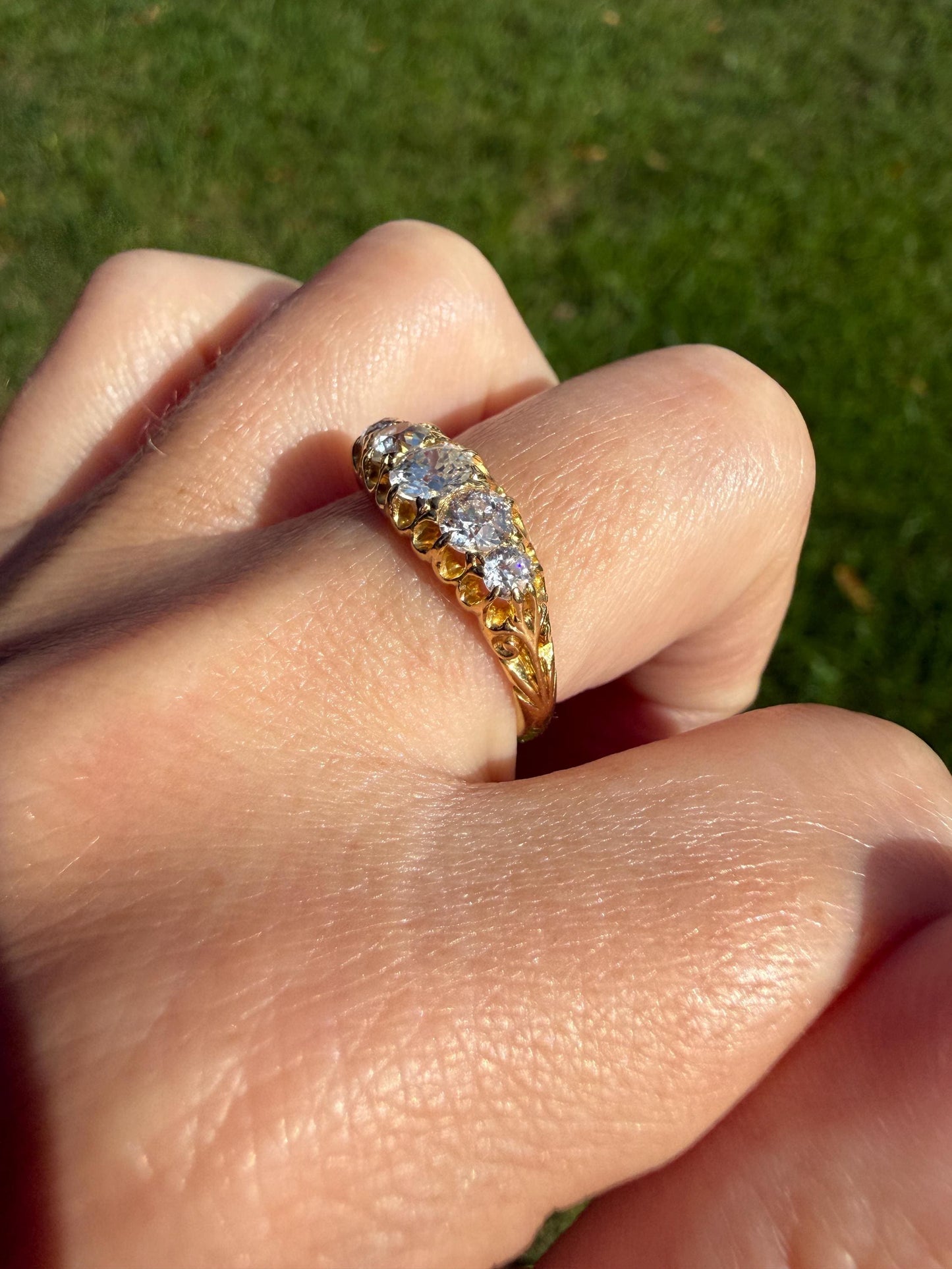 Victorian c1894 Antique 1.2 Carat Old Mine Cut Diamond Five Stone Ring 18k Gold Eye Clean Daily Wearer Band Scrolled Ornate