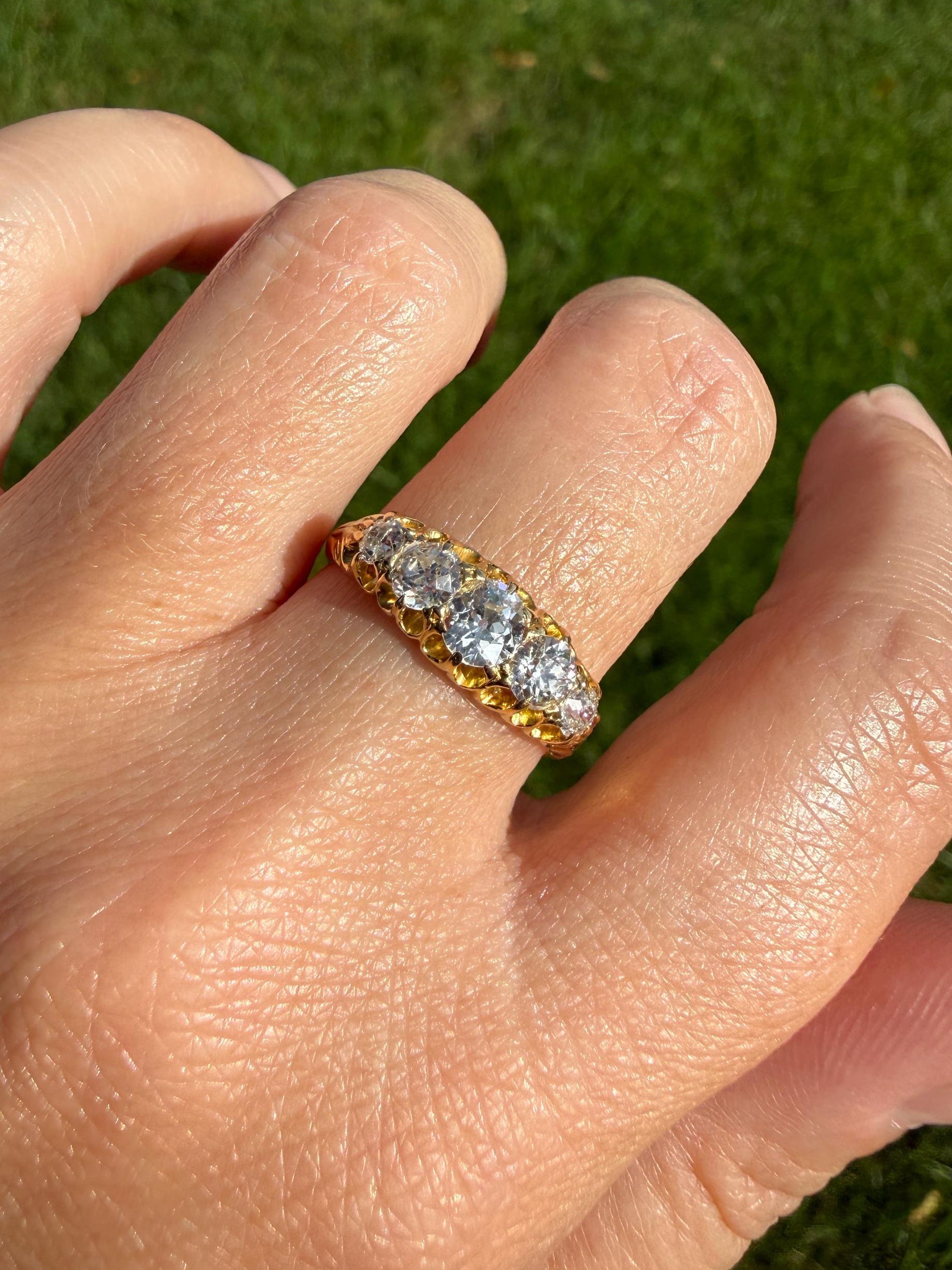 Victorian c1894 Antique 1.2 Carat Old Mine Cut Diamond Five Stone Ring 18k Gold Eye Clean Daily Wearer Band Scrolled Ornate