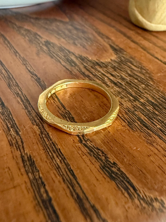 Vintage 22k Gold Faceted Beveled Engraved Stacker Eternity Ring Shimmer Skinny Wedding Band Unique Geometric