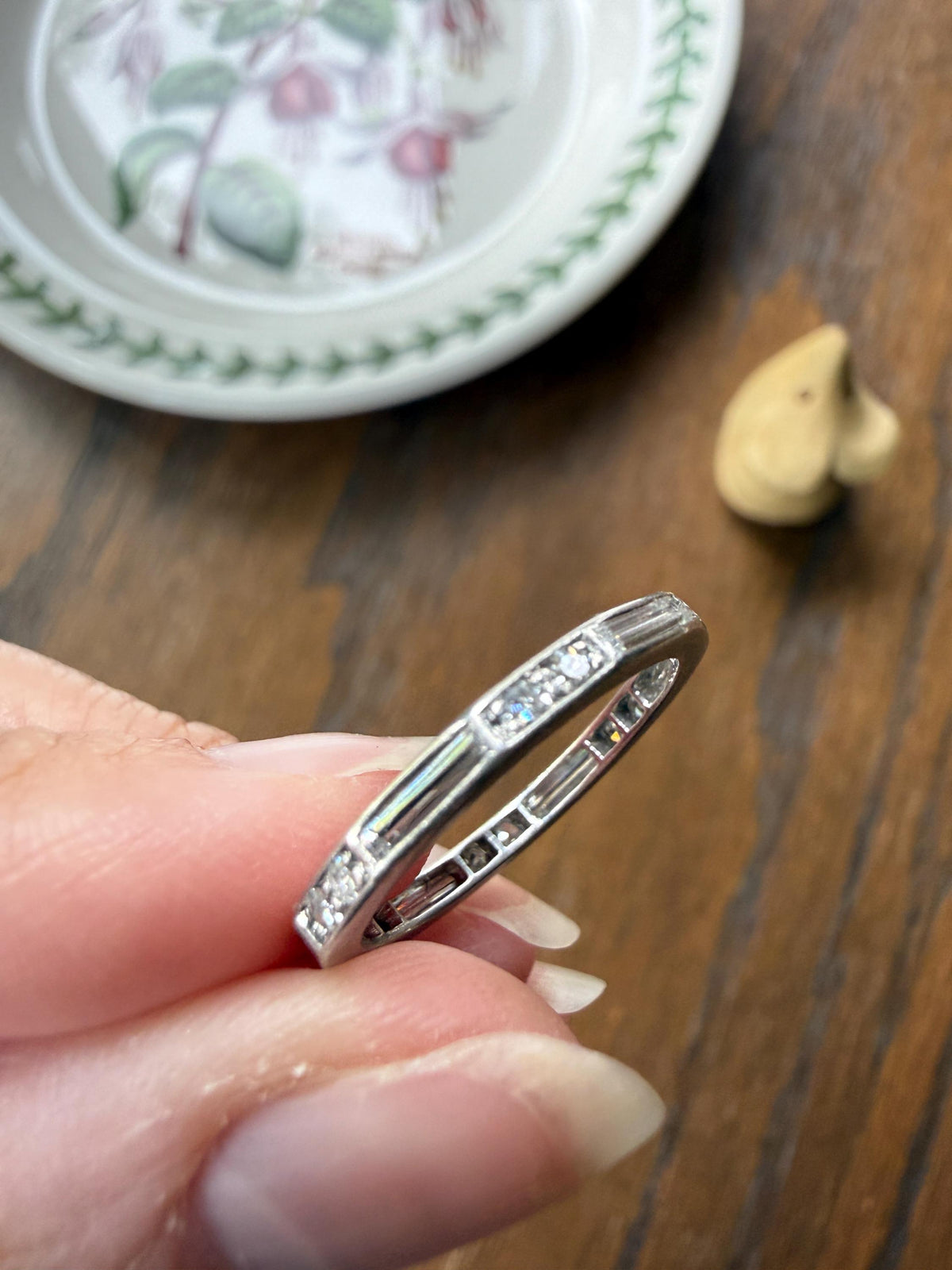 Antique Art Deco 1 Carat PLATINUM Natural Baguette and Old Single Cut Diamond Eternity Ring Skinny Stacker Beveled Channel Set Wedding Band