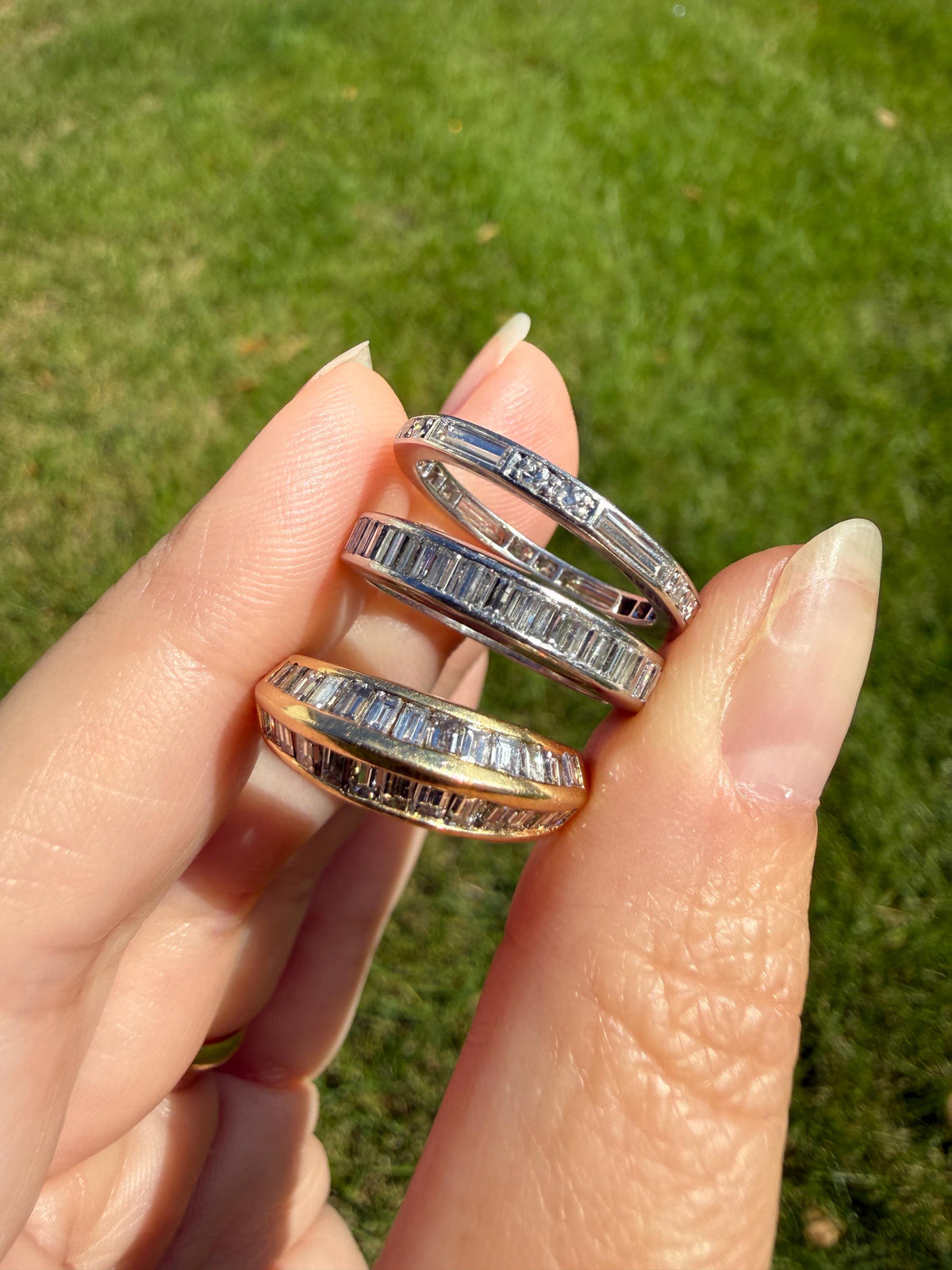 Antique Art Deco 1 Carat PLATINUM Natural Baguette and Old Single Cut Diamond Eternity Ring Skinny Stacker Beveled Channel Set Wedding Band