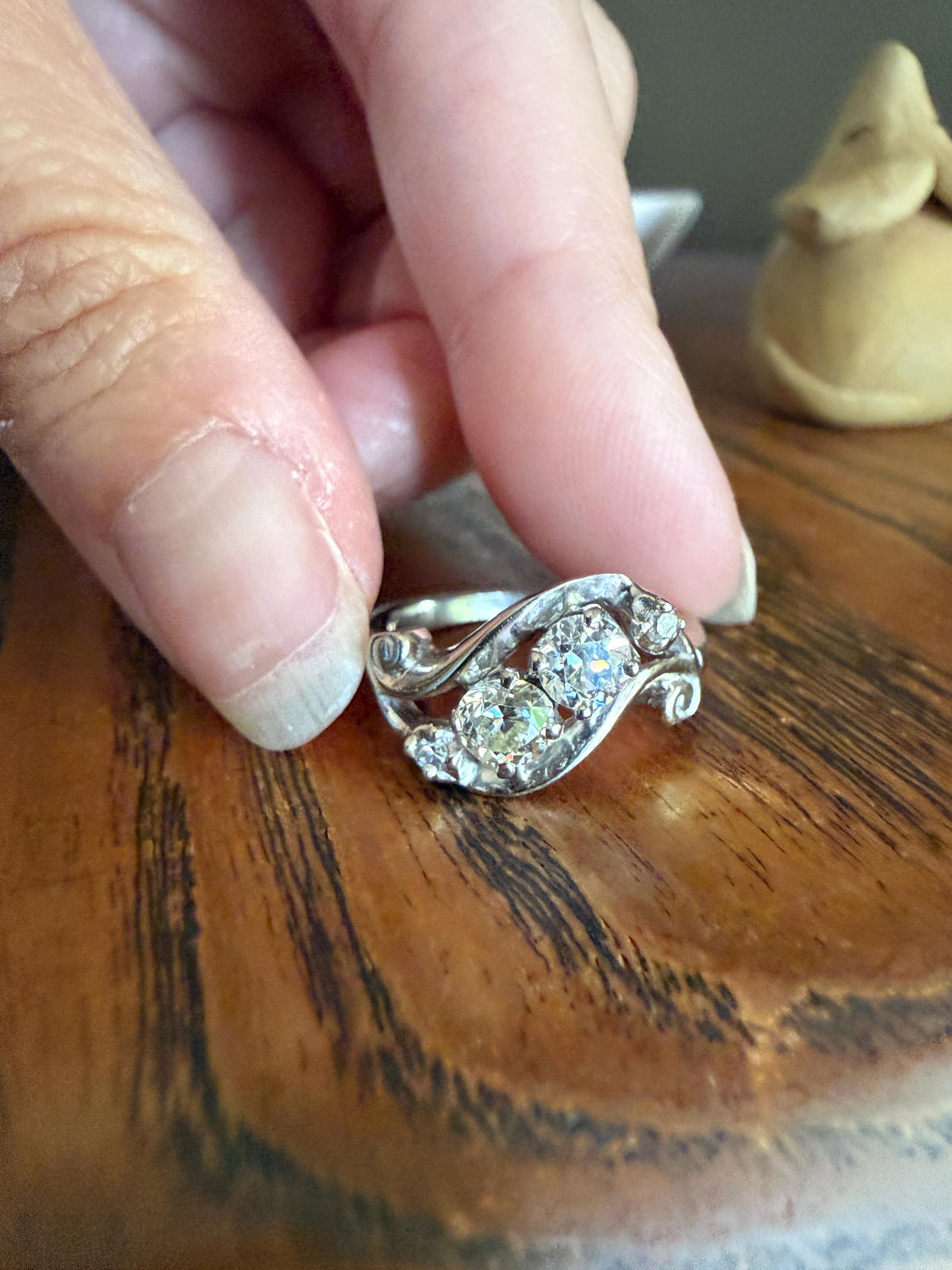 Vintage .8 Carat Tdw Old Mine Old European Cut Diamond SWIRL Ring 14k White Gold Ornate Scrolled Band Art Deco Stacker Toi et Moi