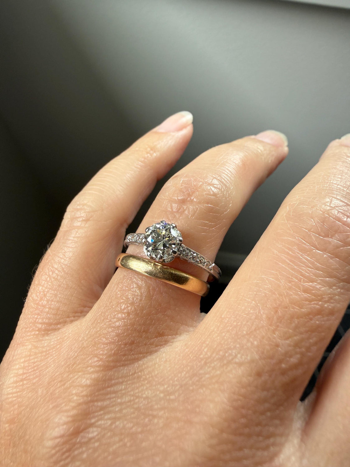 Vintage 0.88 Carat Transitional Cut Natural DIAMOND Ring 1Ctw French Platinum Solitaire w Accents Art Deco Engraved Stacker Band Engagement