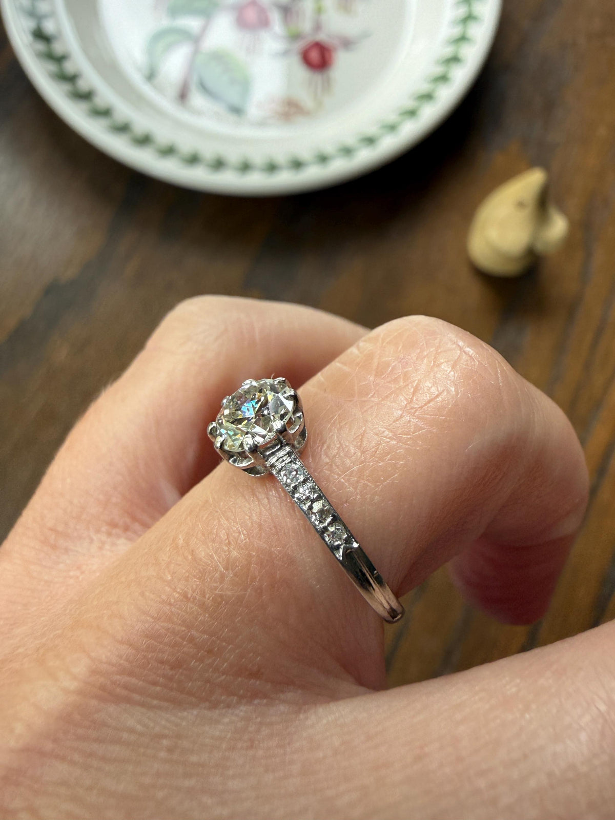 Vintage 0.88 Carat Transitional Cut Natural DIAMOND Ring 1Ctw French Platinum Solitaire w Accents Art Deco Engraved Stacker Band Engagement
