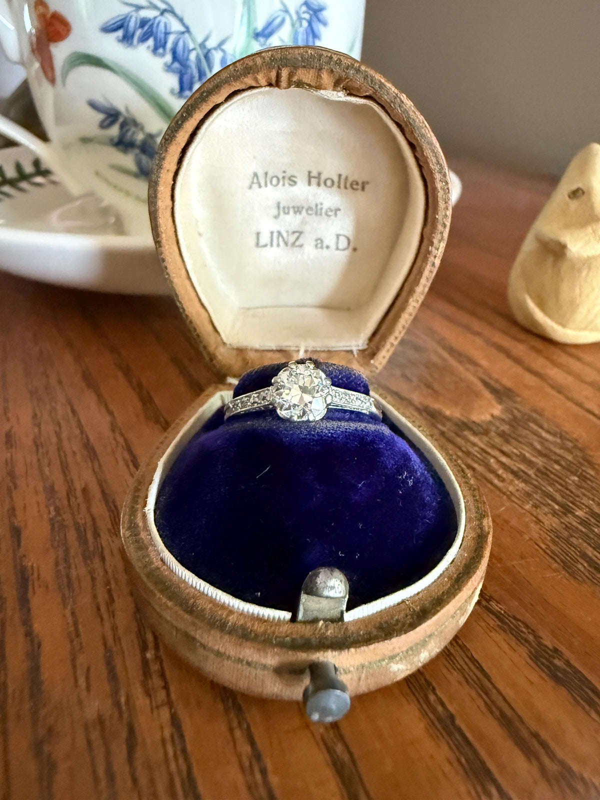Vintage 0.88 Carat Transitional Cut Natural DIAMOND Ring 1Ctw French Platinum Solitaire w Accents Art Deco Engraved Stacker Band Engagement