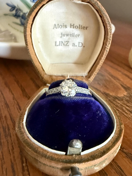 Vintage 0.88 Carat Transitional Cut Natural DIAMOND Ring 1Ctw French Platinum Solitaire w Accents Art Deco Engraved  Stacker Band Engagement
