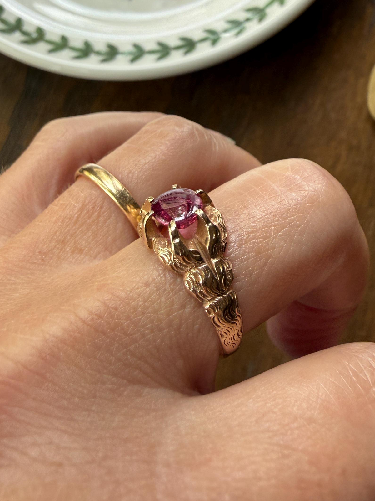 LION Claw Paw Shoulders Juicy Natural Ruby Chunky Ring 10k Gold Victorian Figural Unique Gift 3D Glowing Pinkish Red Orb Animal Jewelry