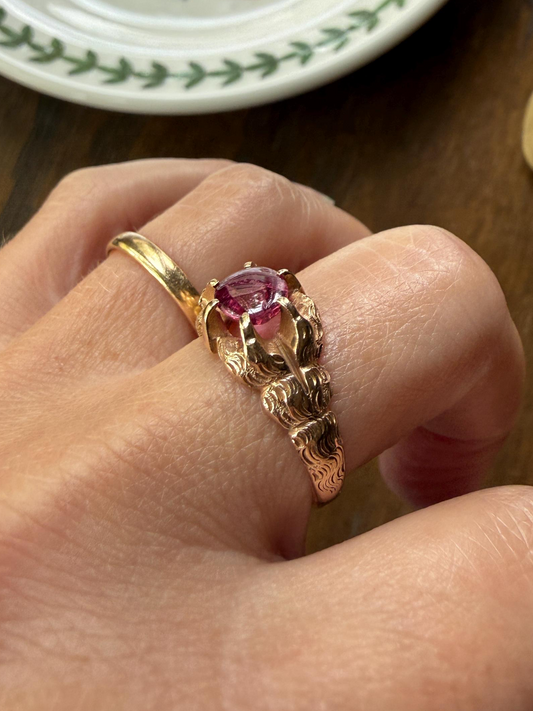 LION Claw Paw Shoulders Juicy Natural Ruby Chunky Ring 10k Gold Victorian Figural Unique Gift 3D Glowing Pinkish Red Orb Animal Jewelry