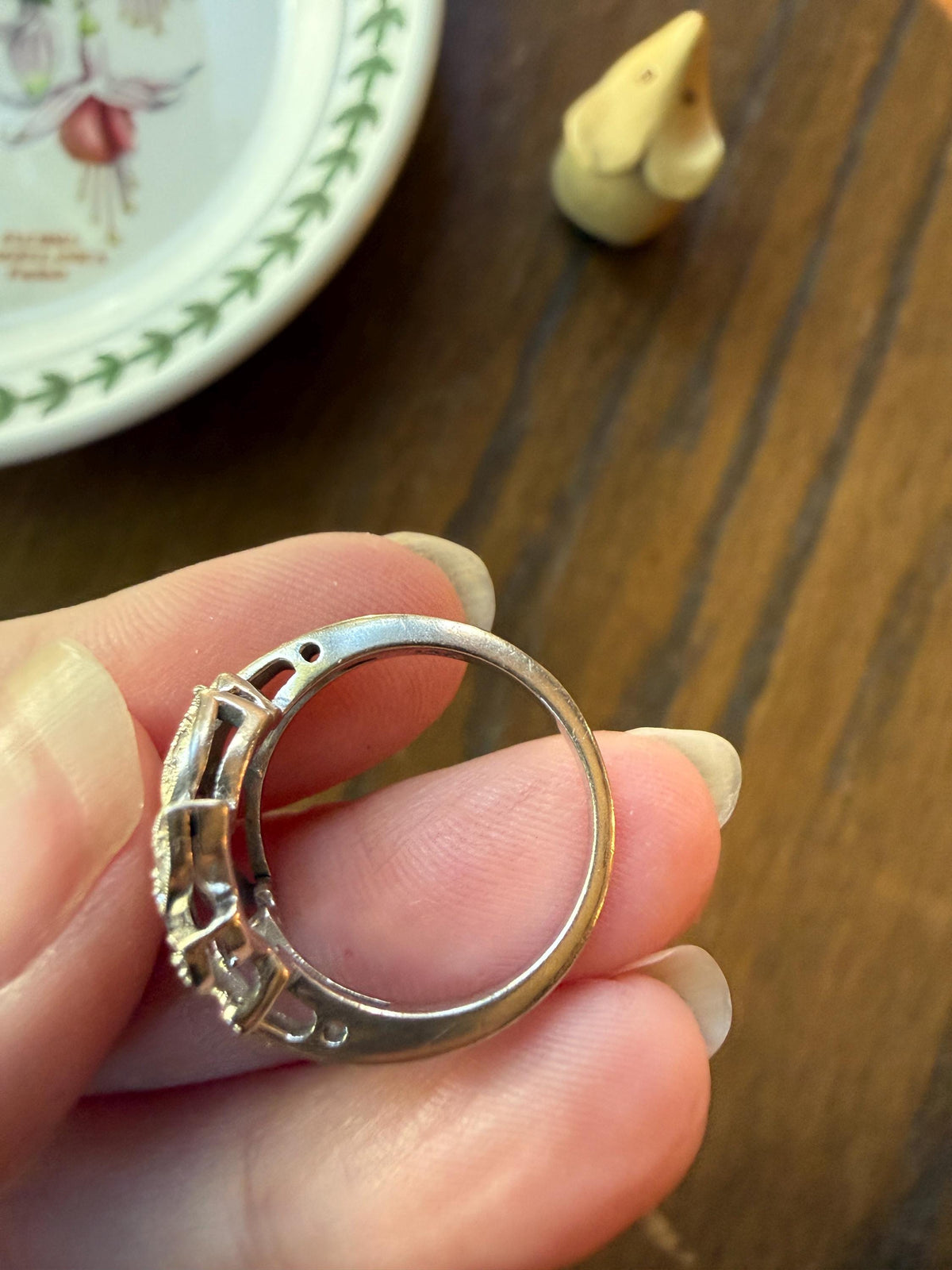 Vintage Art Deco Old Single Cut Diamond LEAF Ring 14k White Gold Ornate Scrolled Bypass Band Figural Stacker