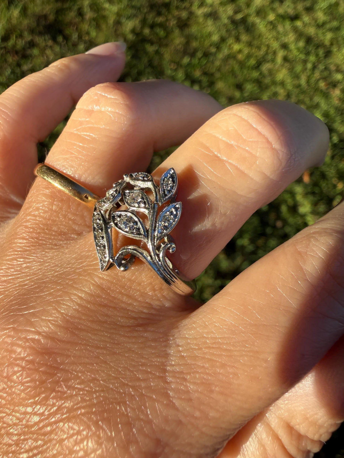 Vintage Art Deco Old Single Cut Diamond LEAF Ring 14k White Gold Ornate Scrolled Bypass Band Figural Stacker