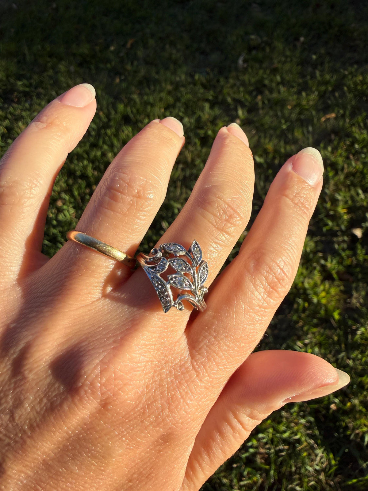 Vintage Art Deco Old Single Cut Diamond LEAF Ring 14k White Gold Ornate Scrolled Bypass Band Figural Stacker