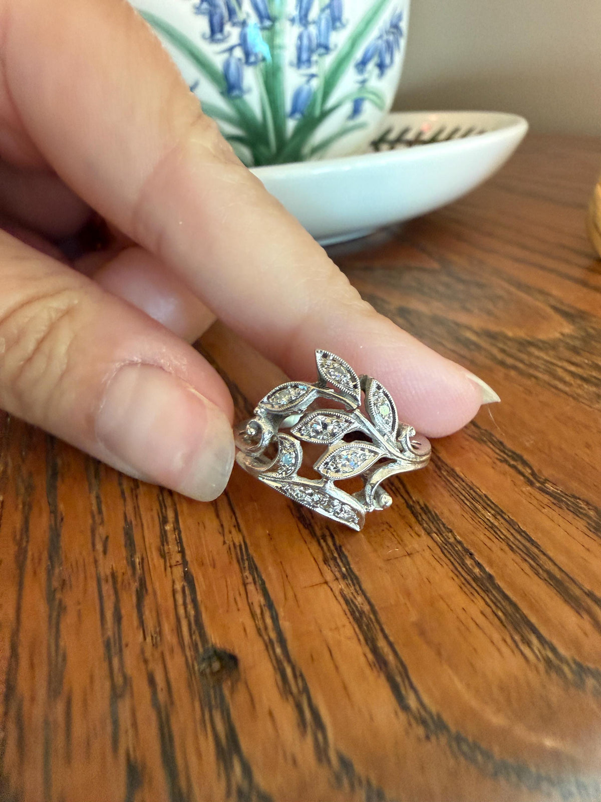 Vintage Art Deco Old Single Cut Diamond LEAF Ring 14k White Gold Ornate Scrolled Bypass Band Figural Stacker