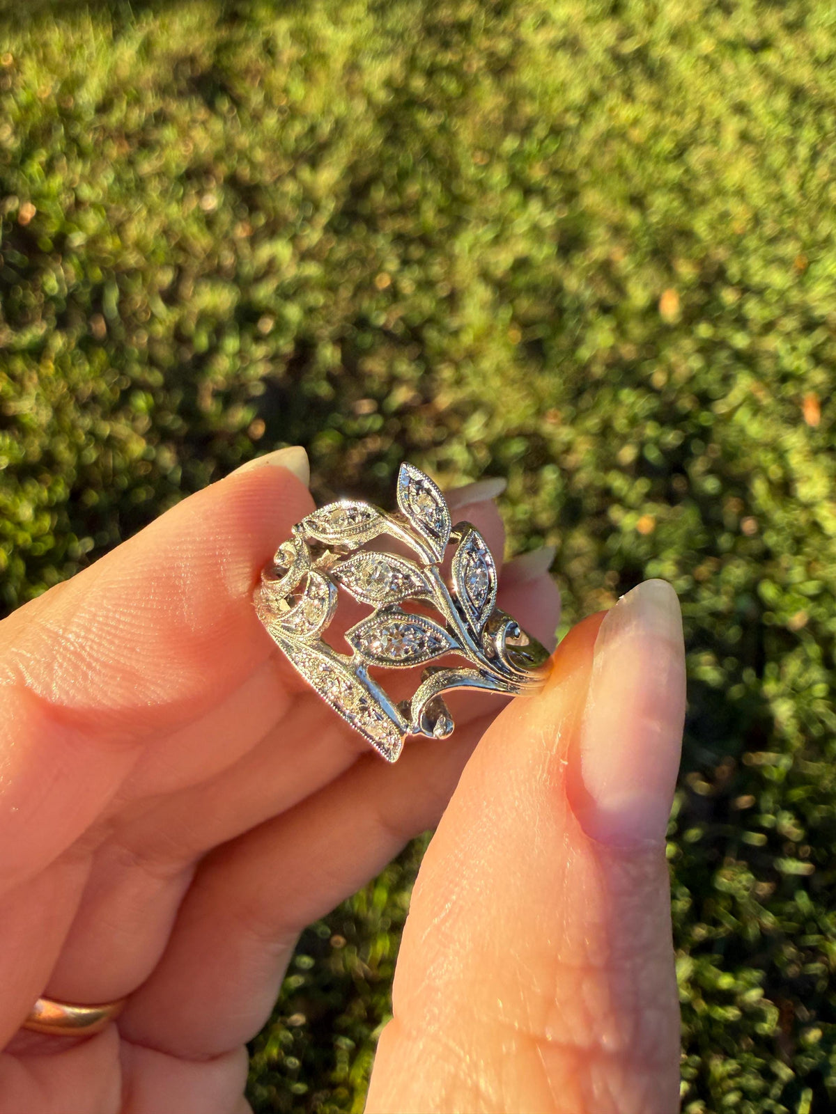 Vintage Art Deco Old Single Cut Diamond LEAF Ring 14k White Gold Ornate Scrolled Bypass Band Figural Stacker