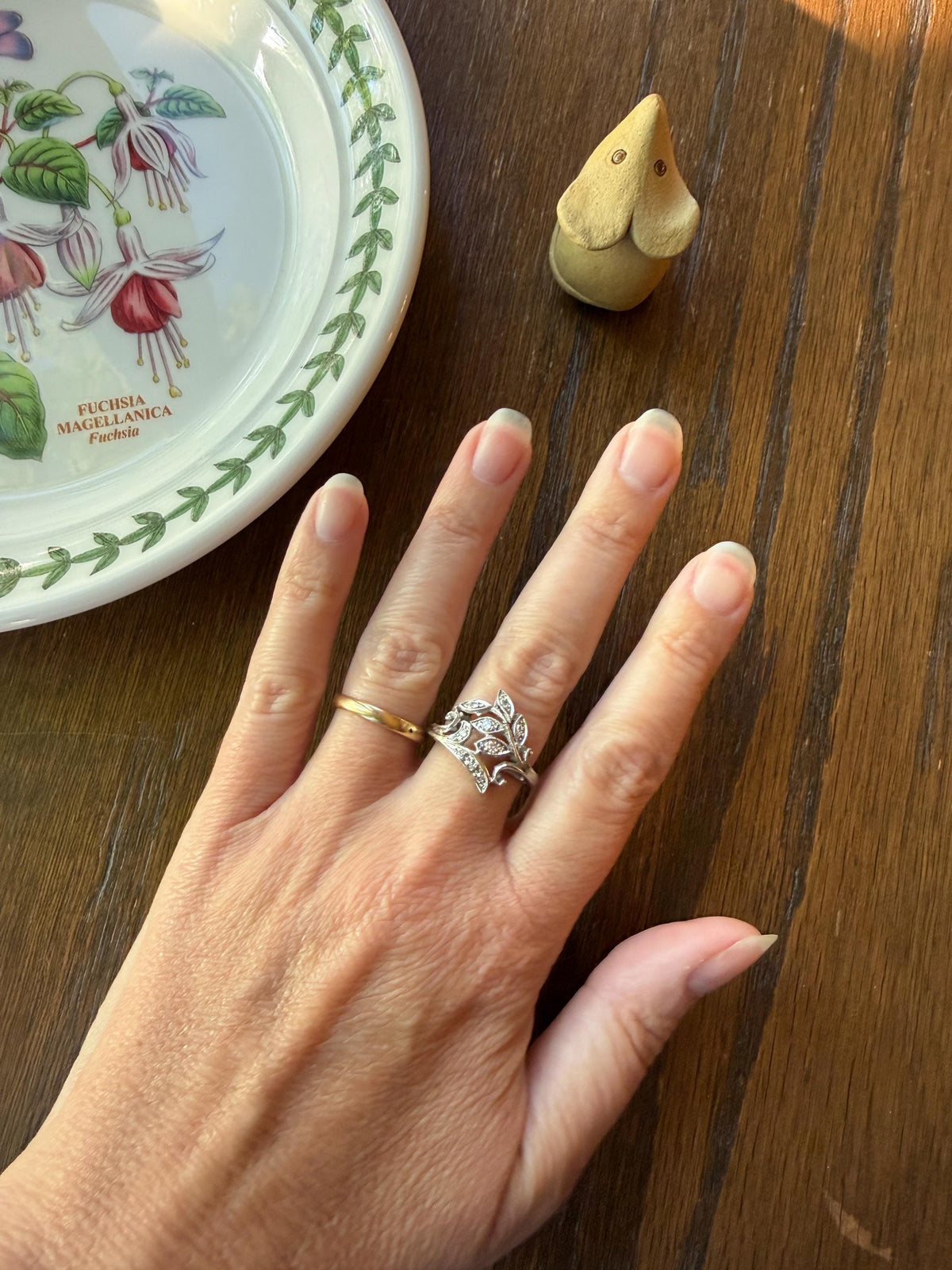 Vintage Art Deco Old Single Cut Diamond LEAF Ring 14k White Gold Ornate Scrolled Bypass Band Figural Stacker
