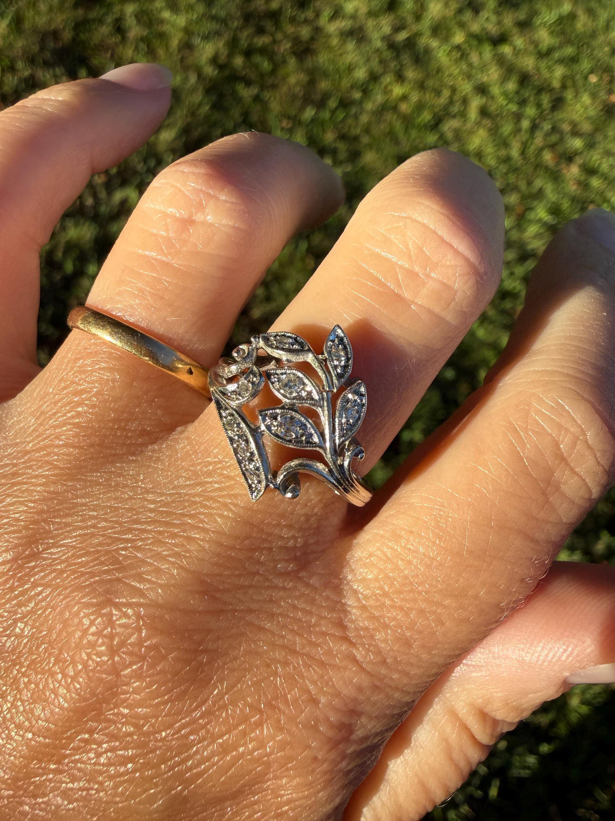 Vintage Art Deco Old Single Cut Diamond LEAF Ring 14k White Gold Ornate Scrolled Bypass Band Figural Stacker