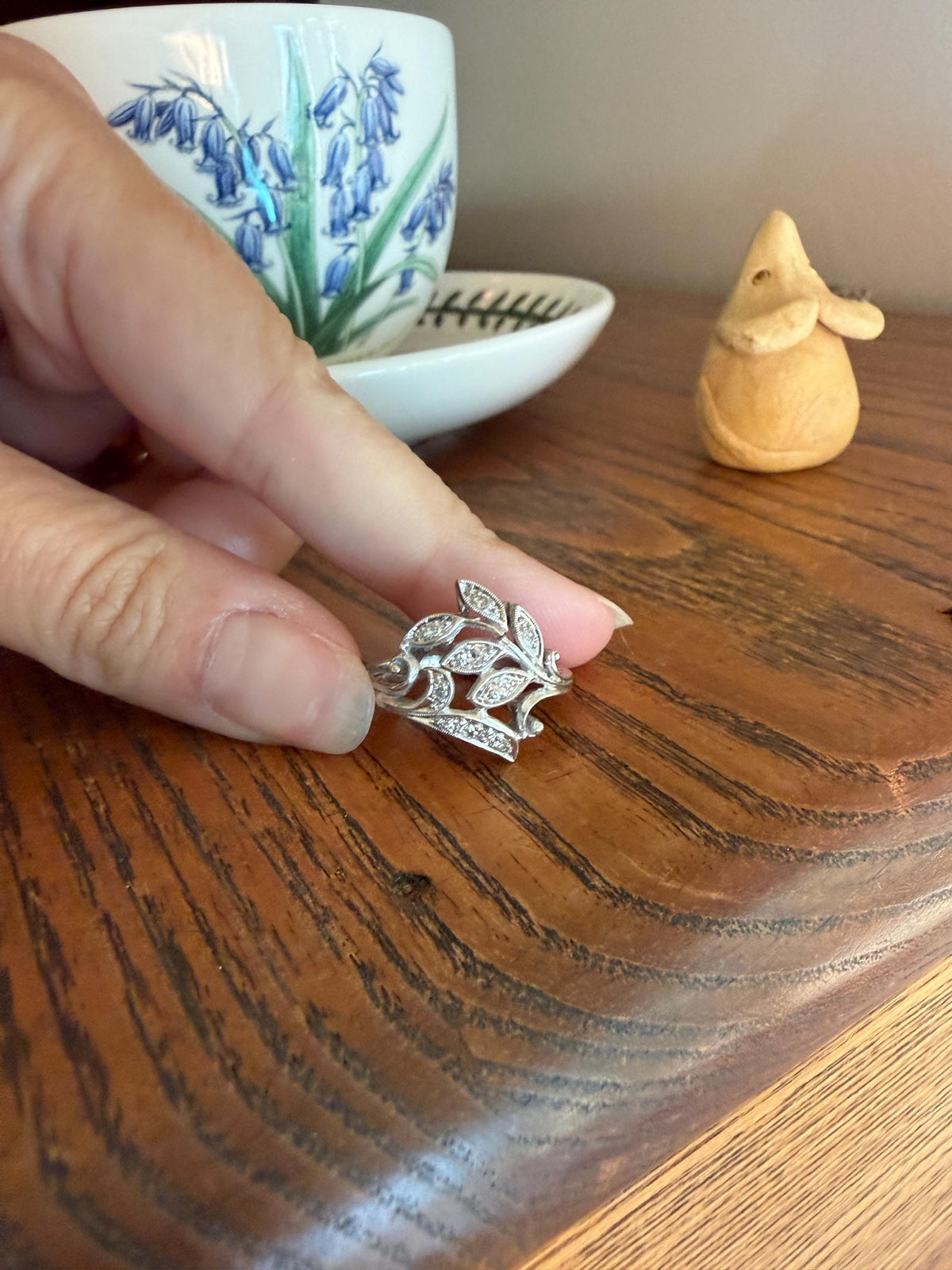 Vintage Art Deco Old Single Cut Diamond LEAF Ring 14k White Gold Ornate Scrolled Bypass Band Figural Stacker