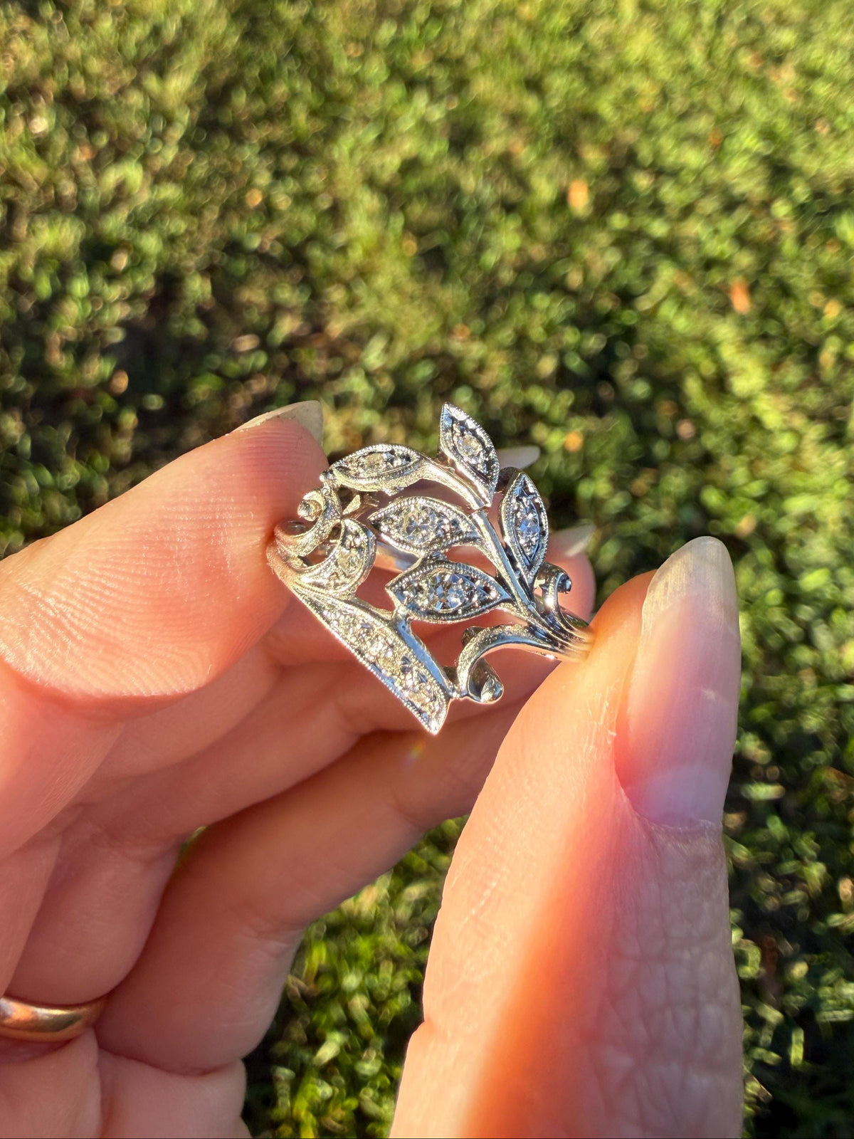 Vintage Art Deco Old Single Cut Diamond LEAF Ring 14k White Gold Ornate Scrolled Bypass Band Figural Stacker