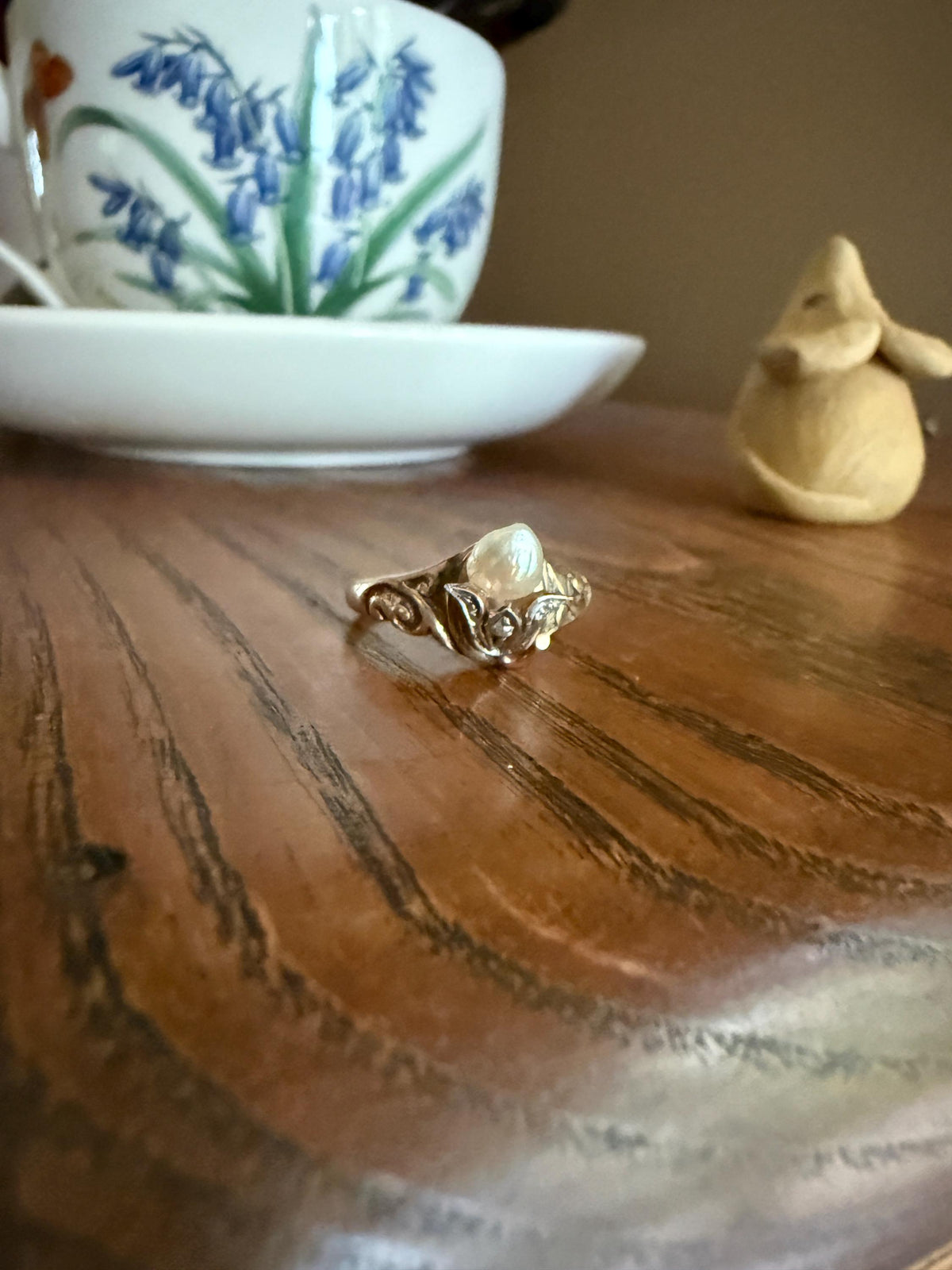 Antique Signet Figural 3D Floral Ring Baroque Pearl Old Mine Cut Diamond 10k Gold Ornate Flower Bud Scrolled Stacker Band