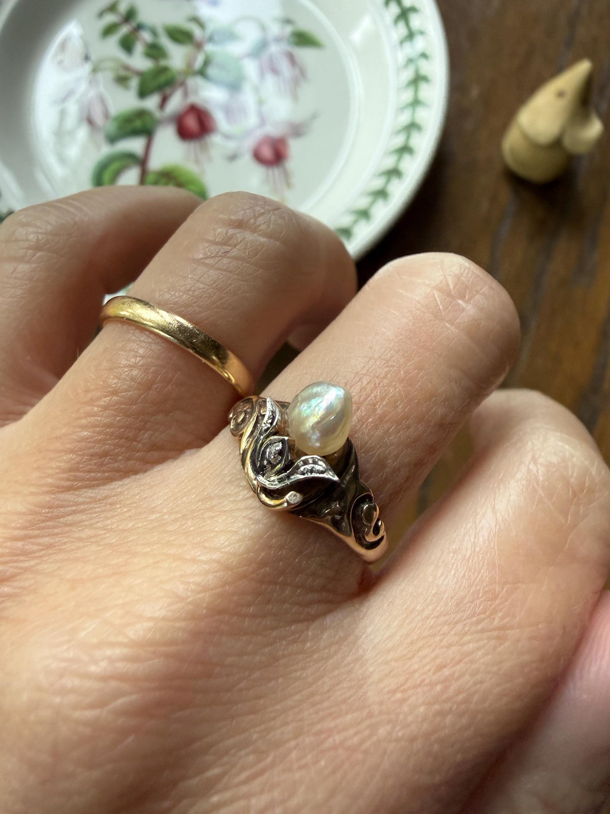 Antique Signet Figural 3D Floral Ring Baroque Pearl Old Mine Cut Diamond 10k Gold Ornate Flower Bud Scrolled Stacker Band