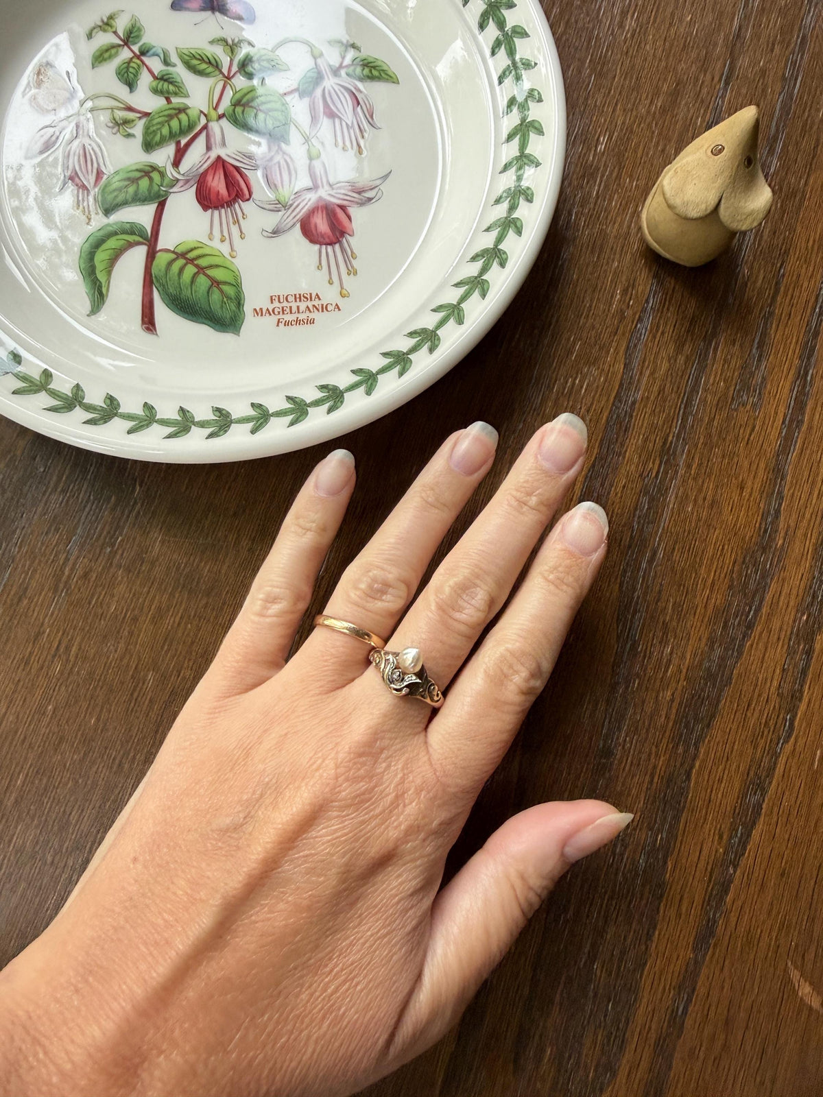 Antique Signet Figural 3D Floral Ring Baroque Pearl Old Mine Cut Diamond 10k Gold Ornate Flower Bud Scrolled Stacker Band