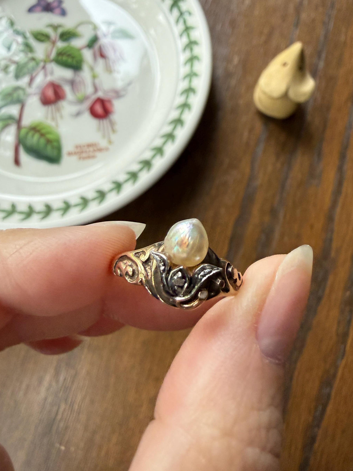 Antique Signet Figural 3D Floral Ring Baroque Pearl Old Mine Cut Diamond 10k Gold Ornate Flower Bud Scrolled Stacker Band