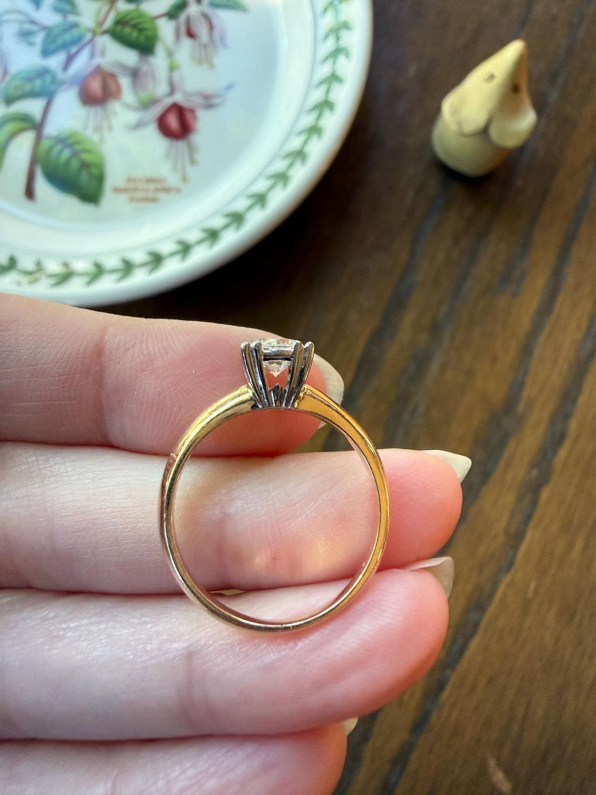 Vintage .67 Carat Transitional Cut Diamond Solitaire Ring 14k Gold Art Deco Square Face Knife Edge Band Engagement Stacker