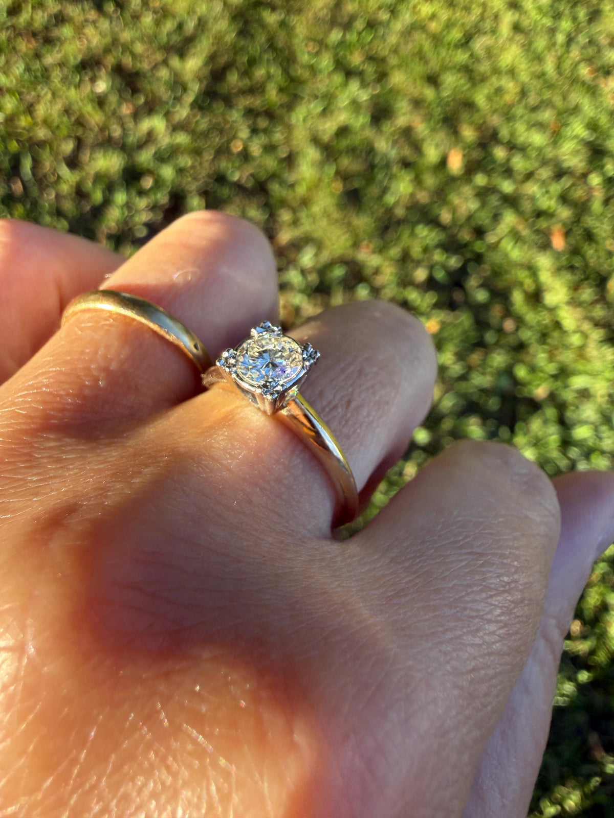 Vintage .67 Carat Transitional Cut Diamond Solitaire Ring 14k Gold Art Deco Square Face Knife Edge Band Engagement Stacker