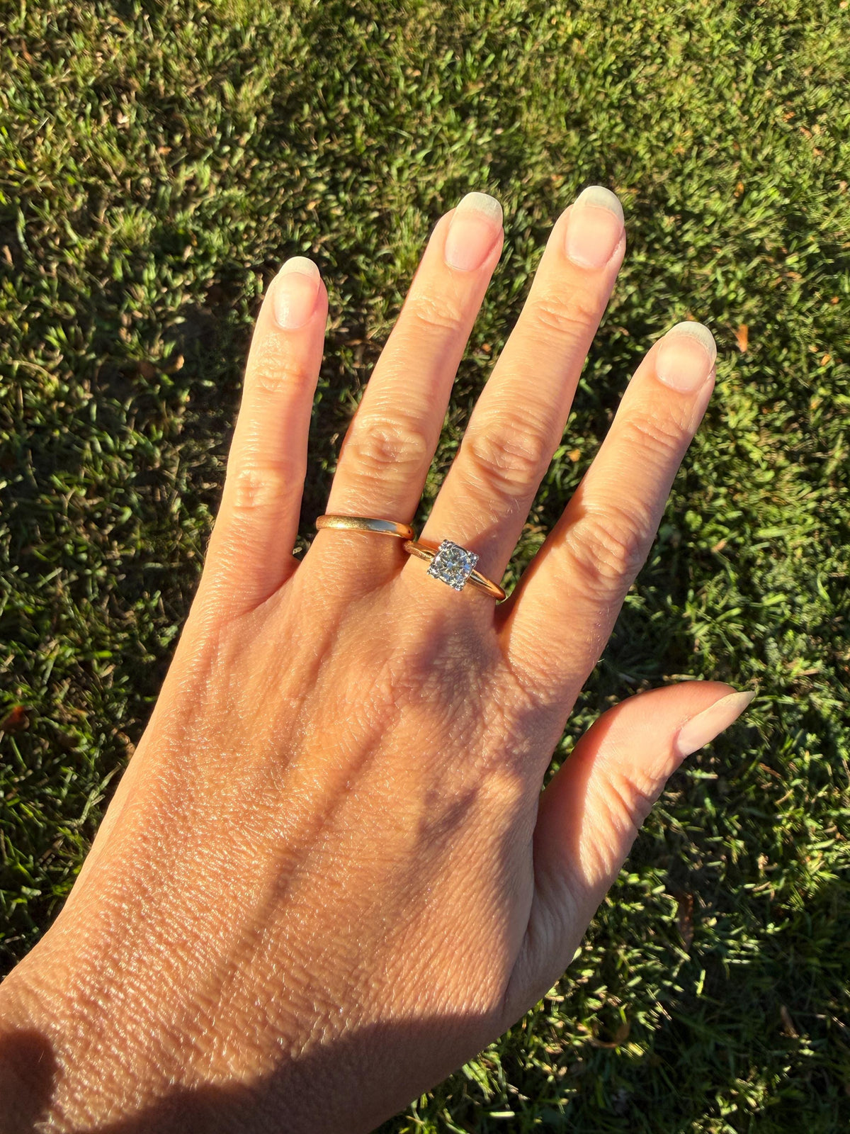 Vintage .67 Carat Transitional Cut Diamond Solitaire Ring 14k Gold Art Deco Square Face Knife Edge Band Engagement Stacker