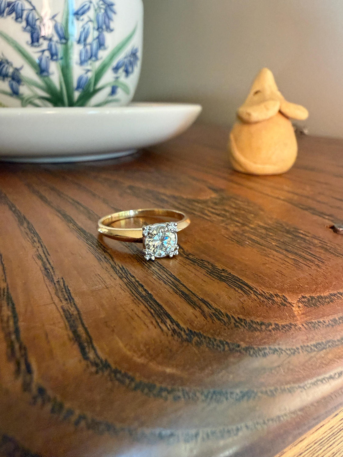 Vintage .67 Carat Transitional Cut Diamond Solitaire Ring 14k Gold Art Deco Square Face Knife Edge Band Engagement Stacker