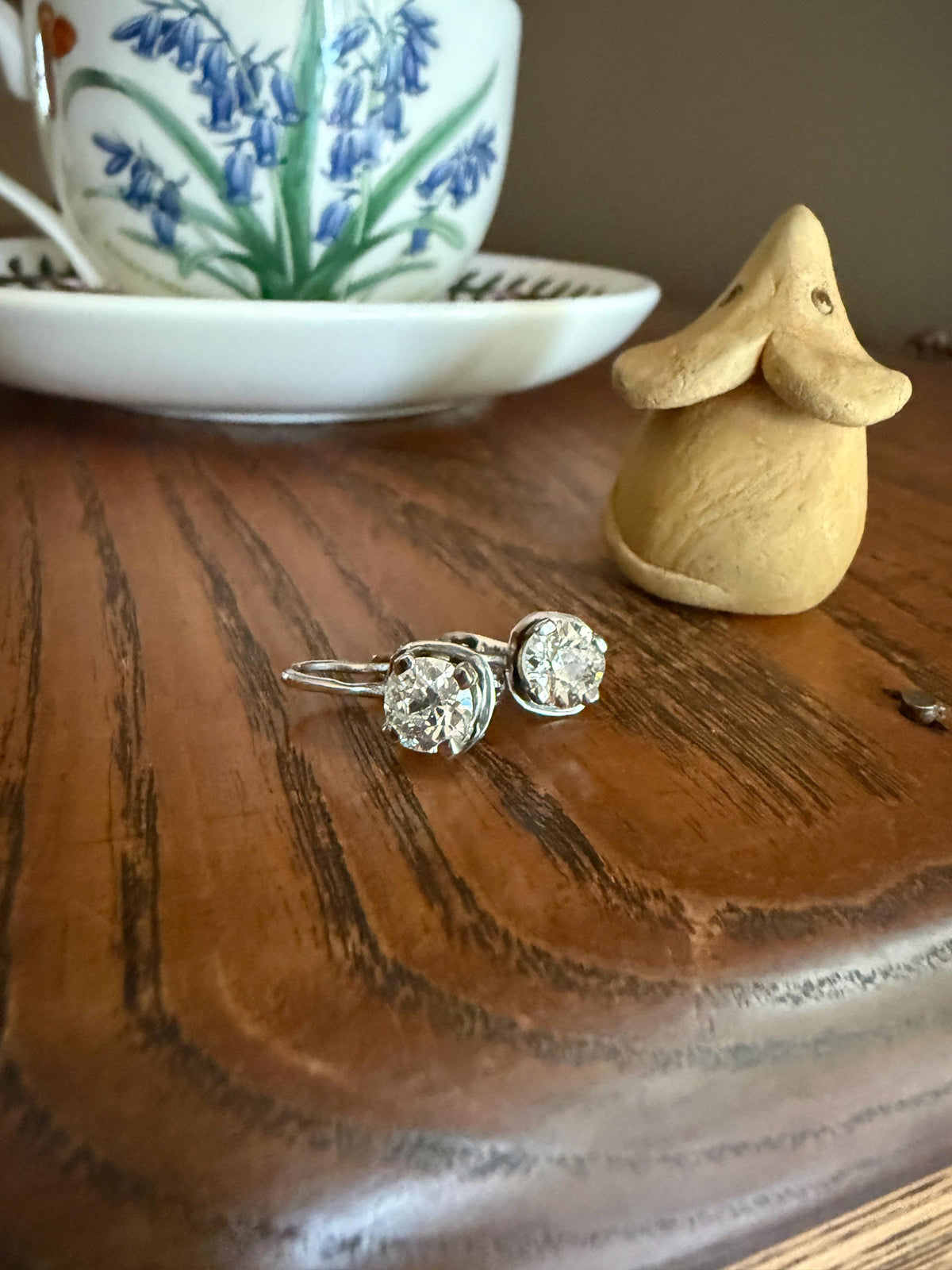 FRENCH Vintage Boxed Two Carats Tdw Antique Old Mine Cut DIAMOND Fixed Dangle Earrings 18k White Gold 2Ctw
