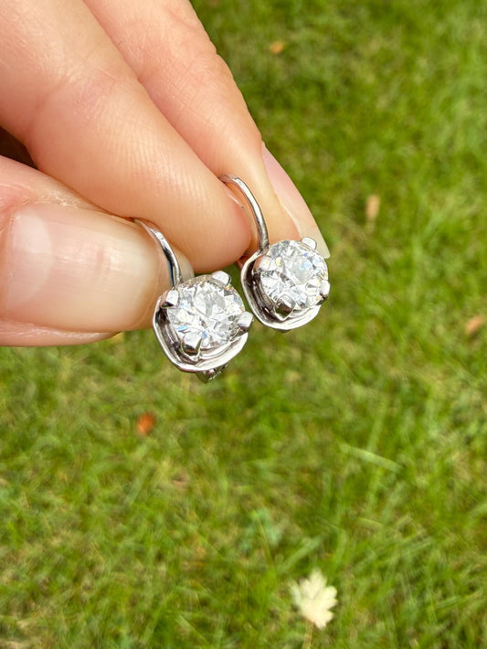 FRENCH Vintage Boxed Two Carats Tdw Antique Old Mine Cut DIAMOND Fixed Dangle Earrings 18k White Gold 2Ctw
