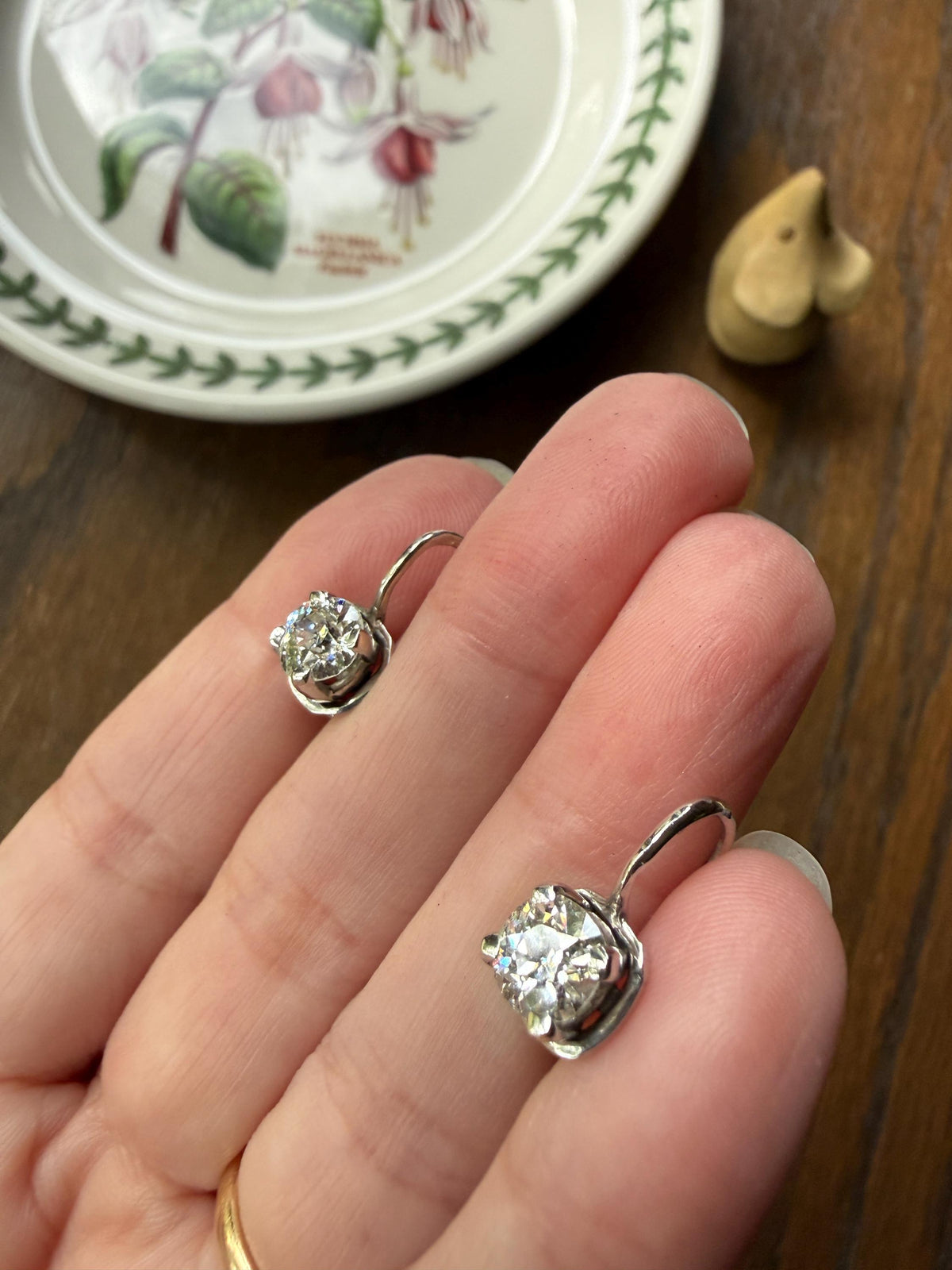FRENCH Vintage Boxed Two Carats Tdw Antique Old Mine Cut DIAMOND Fixed Dangle Earrings 18k White Gold 2Ctw