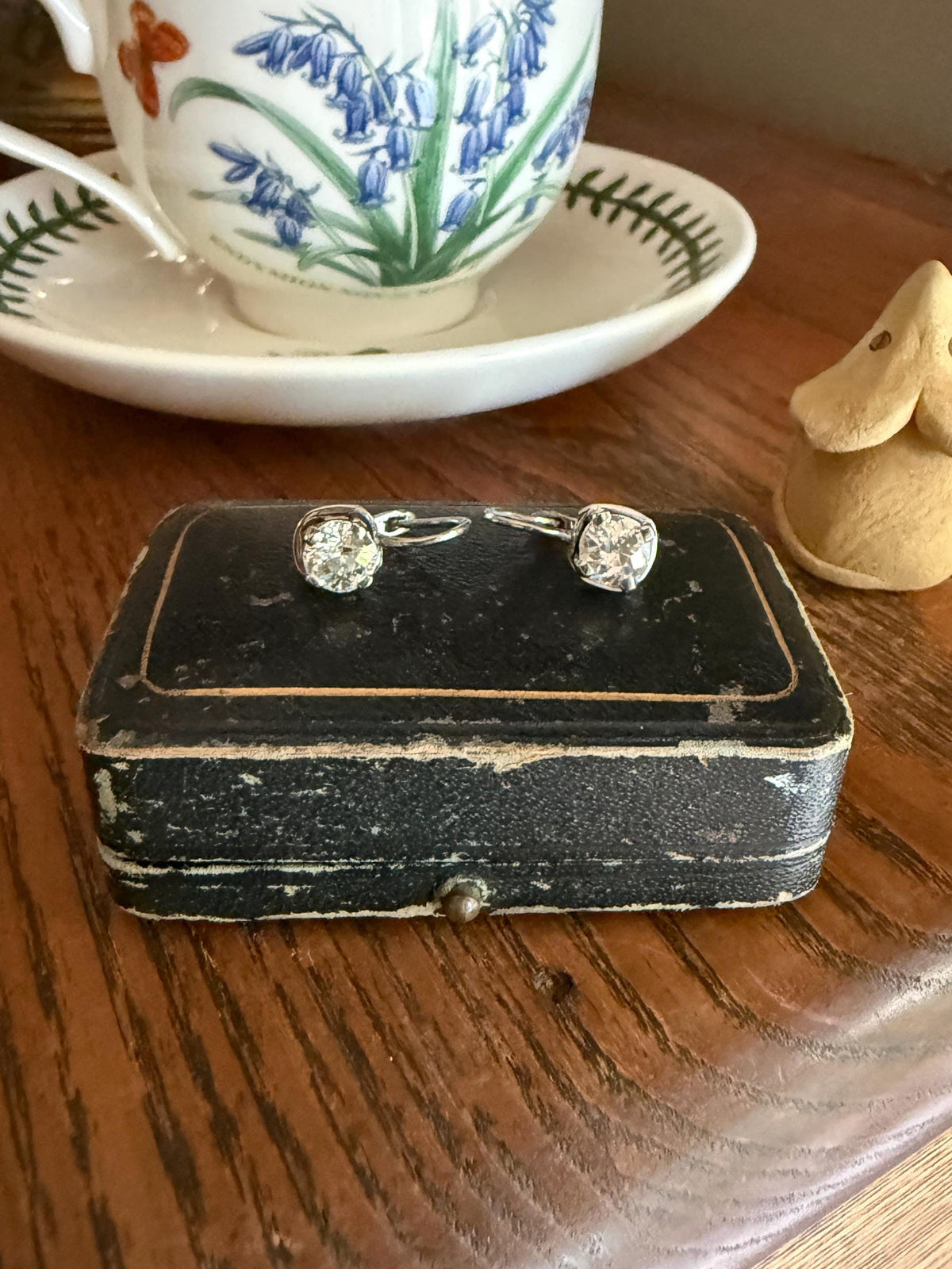 FRENCH Vintage Boxed Two Carats Tdw Antique Old Mine Cut DIAMOND Fixed Dangle Earrings 18k White Gold 2Ctw