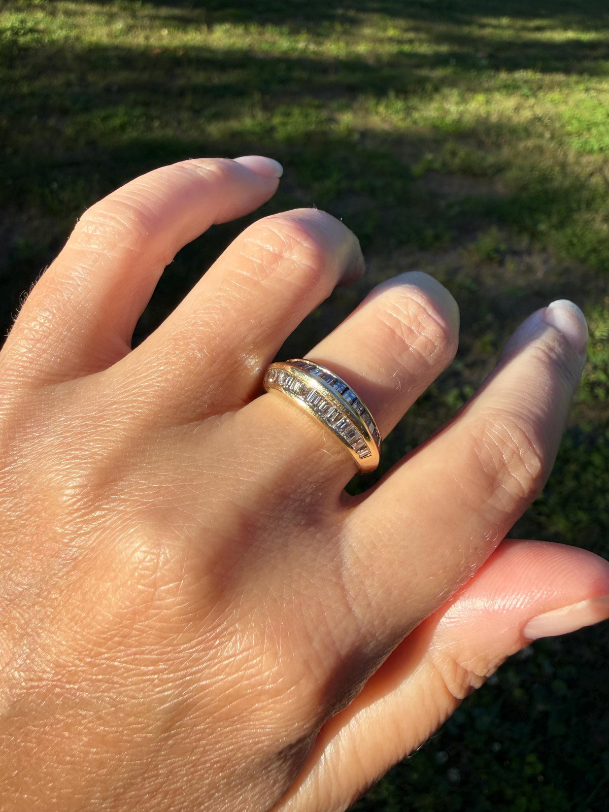 Unique Vintage Baguette Carre Cut Beveled One Carat Diamond Band 18k Gold Stacker Ring Knife Edge Step Cut Geometric