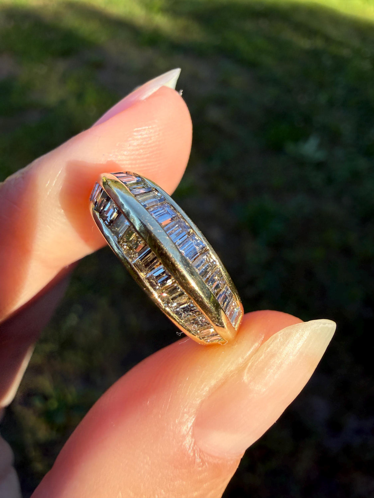Unique Vintage Baguette Carre Cut Beveled One Carat Diamond Band 18k Gold Stacker Ring Knife Edge Step Cut Geometric