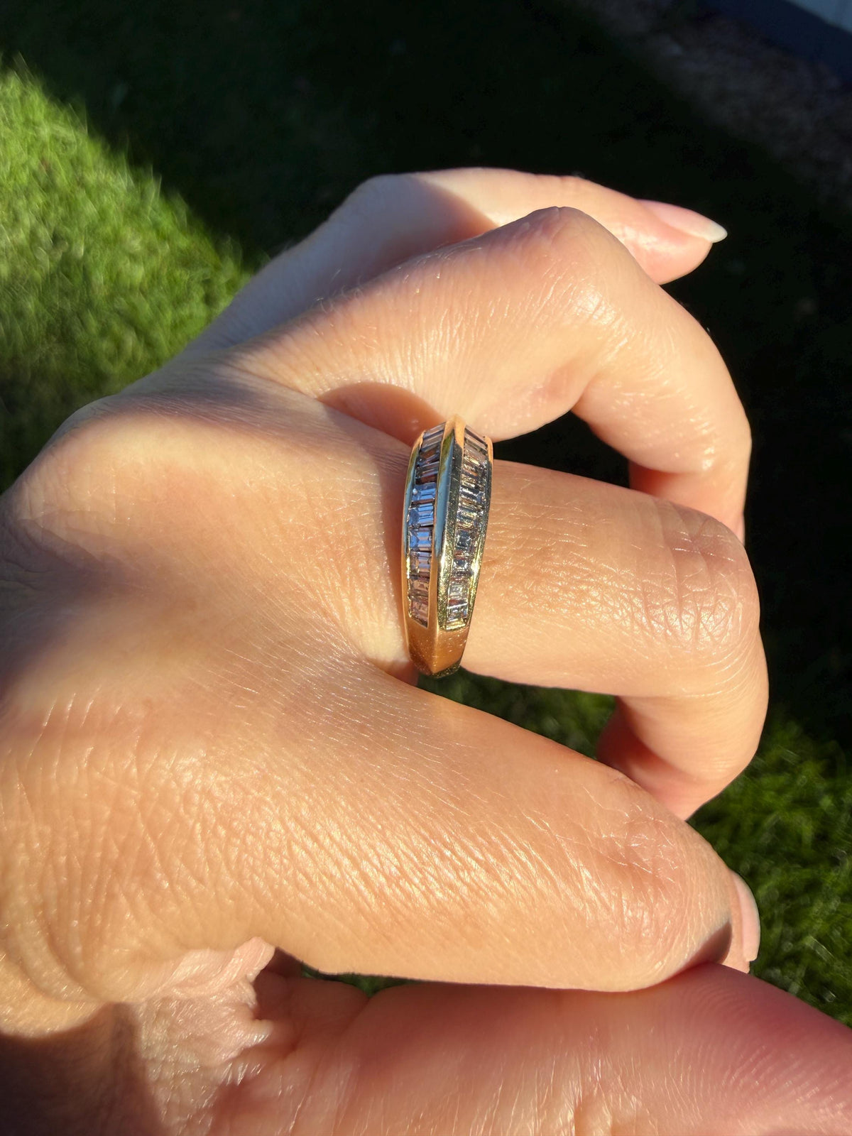 Unique Vintage Baguette Carre Cut Beveled One Carat Diamond Band 18k Gold Stacker Ring Knife Edge Step Cut Geometric