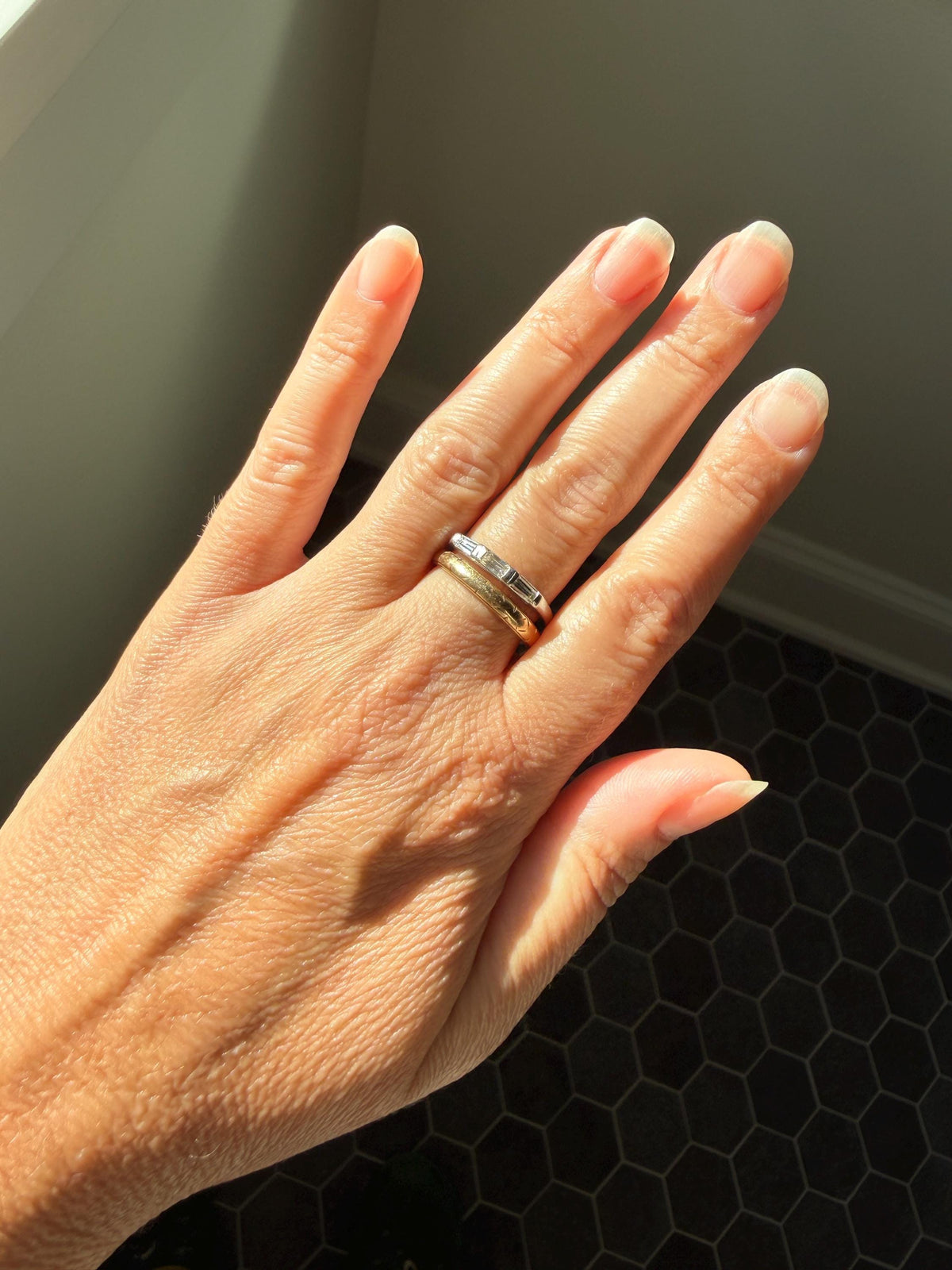 Vintage Art Deco East West Baguette Diamond Three Stone Ring Platinum Skinny Stacker Beveled Stacker