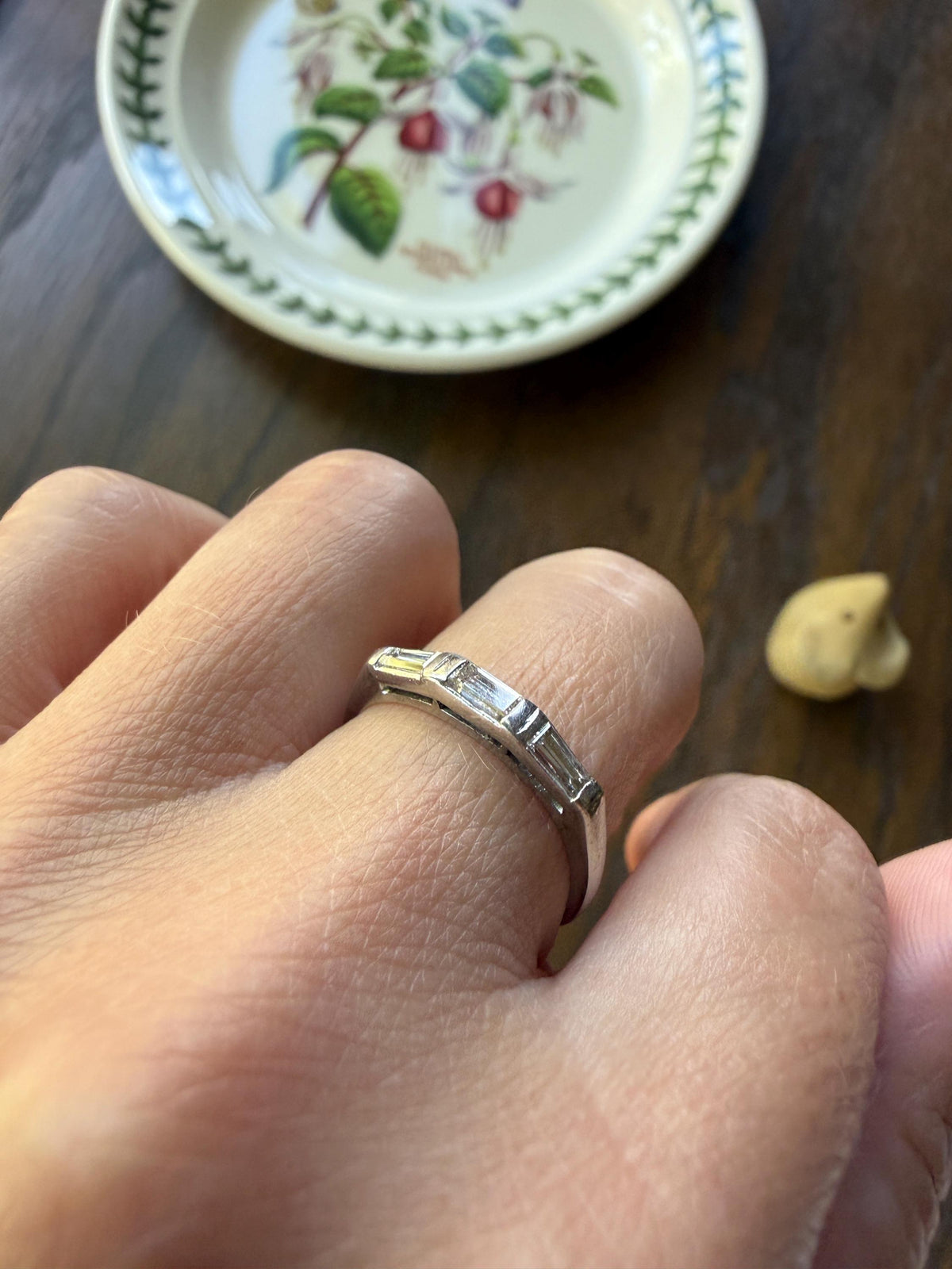 Vintage Art Deco East West Baguette Diamond Three Stone Ring Platinum Skinny Stacker Beveled Stacker