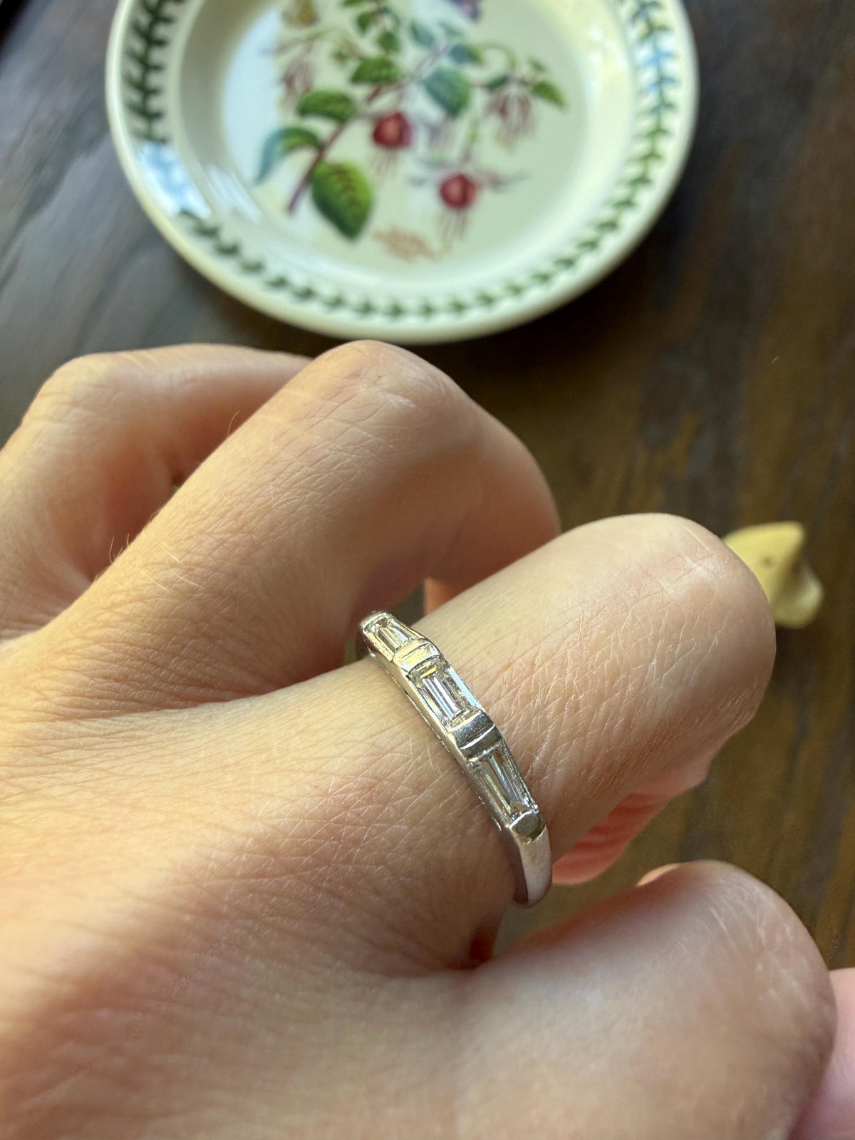 Vintage Art Deco East West Baguette Diamond Three Stone Ring Platinum Skinny Stacker Beveled Stacker